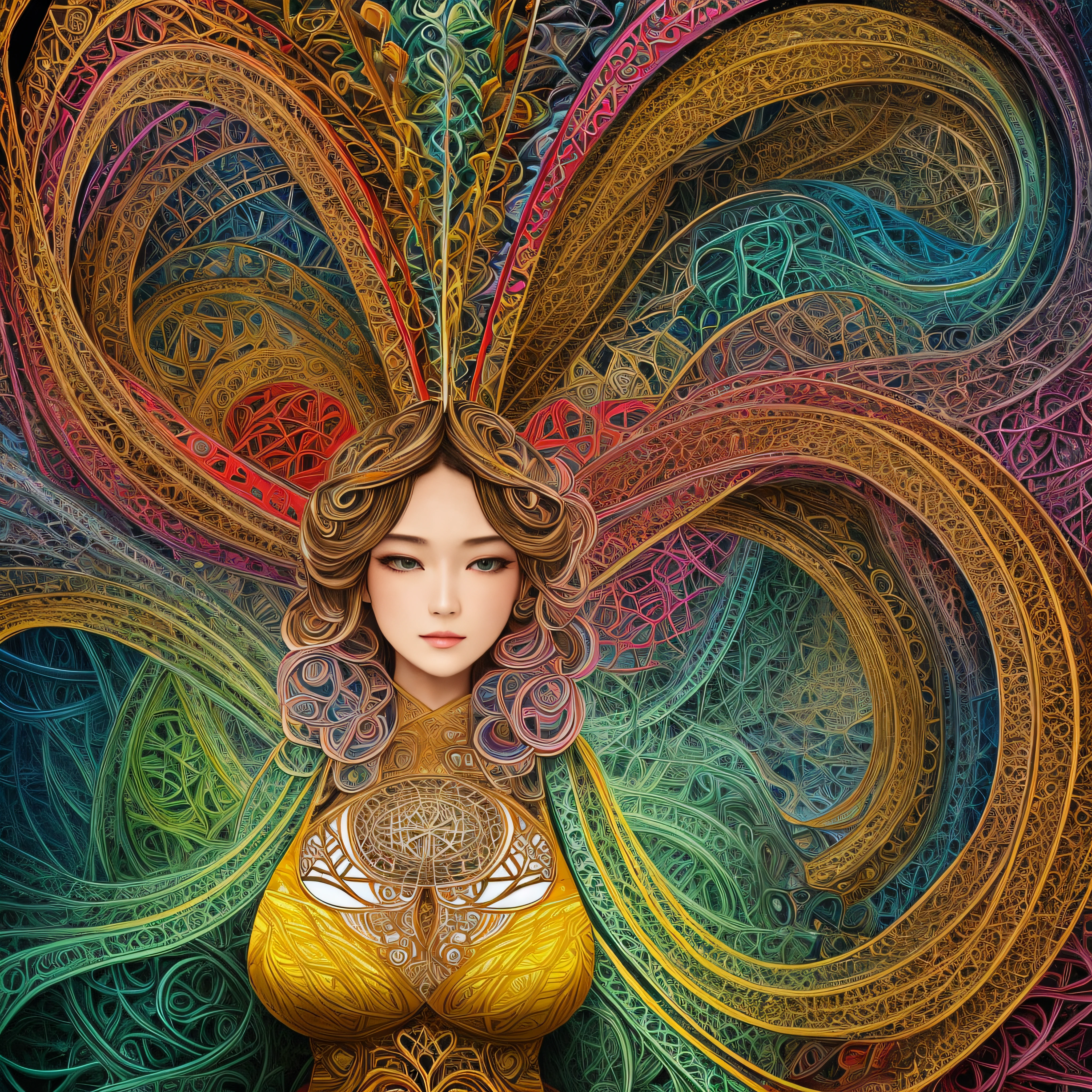 Official art, Unity 8k壁纸, ultra-detailliert, Beautiful and aesthetic, masutepiece, Best Quality, (Zentangle, mandalas, Tangle, Entangle), (Fractal Art:1.3) , 1womanl, Big Breast, Extremely detailed, Dynamic Angle, cowboyshot, Most Beautiful Form of Chaos, Elegant, a brutalist designed, vivd colour, romanticism, Atmospheric, ecstasy of musical notes, streaming musical notes visible