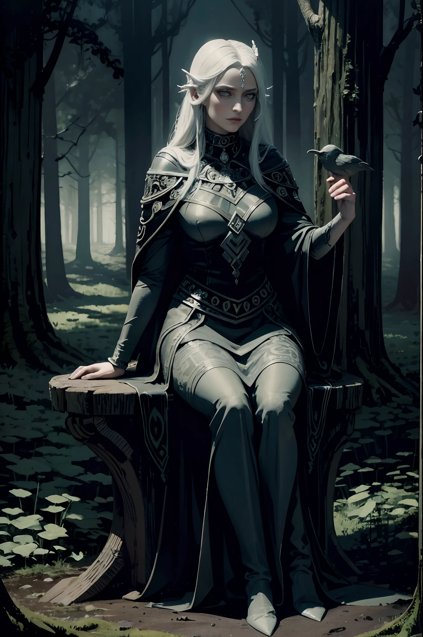 (full body shot), Hel from Norse mythology sitting in some dark spooky woods talking to the spirit of animals, absurdes, best quality, 4k