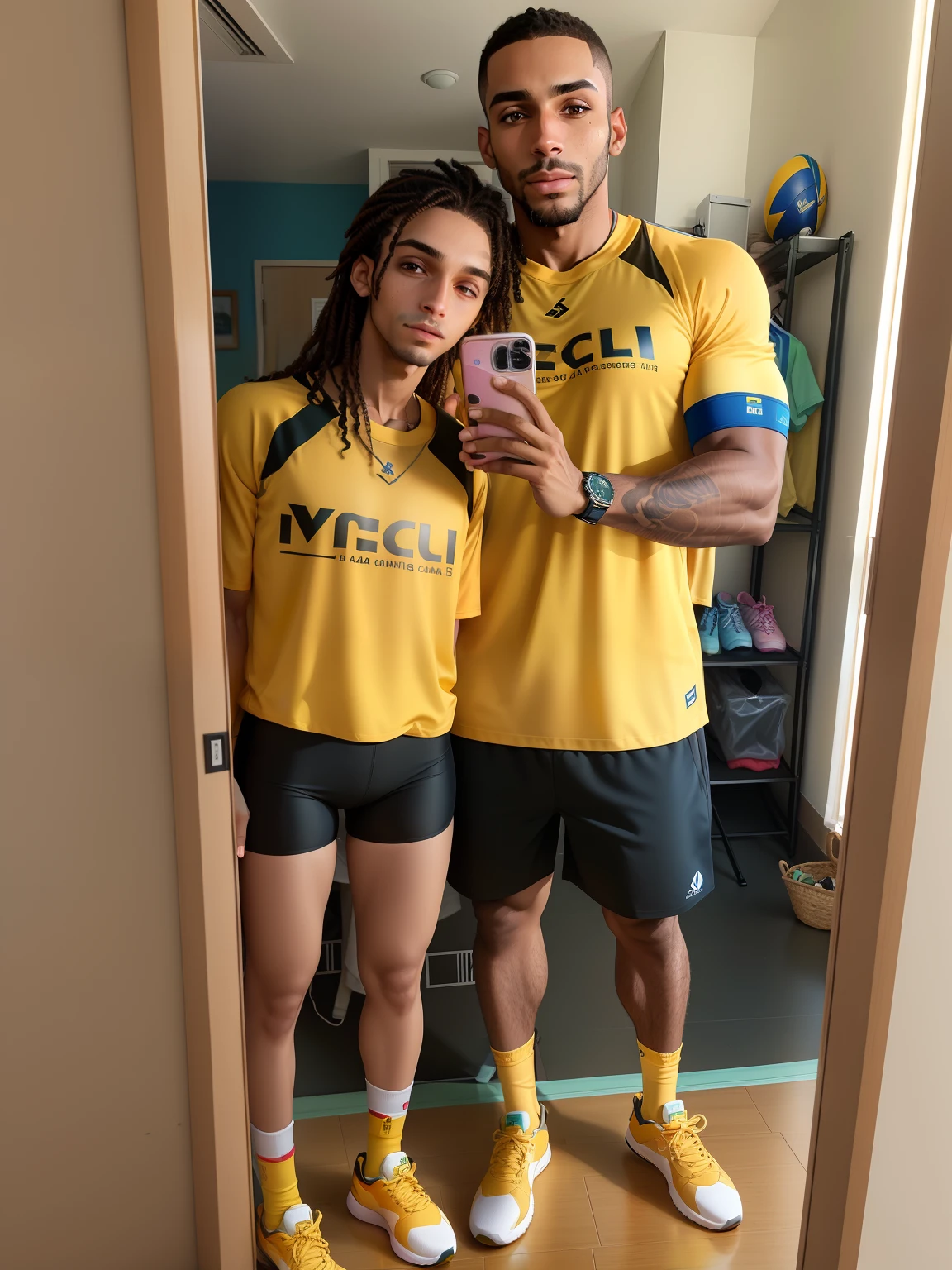 they are wearing yellow shirts and matching black shorts, amarelo e preto, vestindo uma camiseta amarela moderna, preto e amarelo, Emylie Boivin, Roupas amarelas, wearing a volleyball jersey, por Romain brook, (((amarelo))), foto da roupa, por Julius como se, vestindo bermuda e camiseta, crescimento de um casal, com panos amarelos