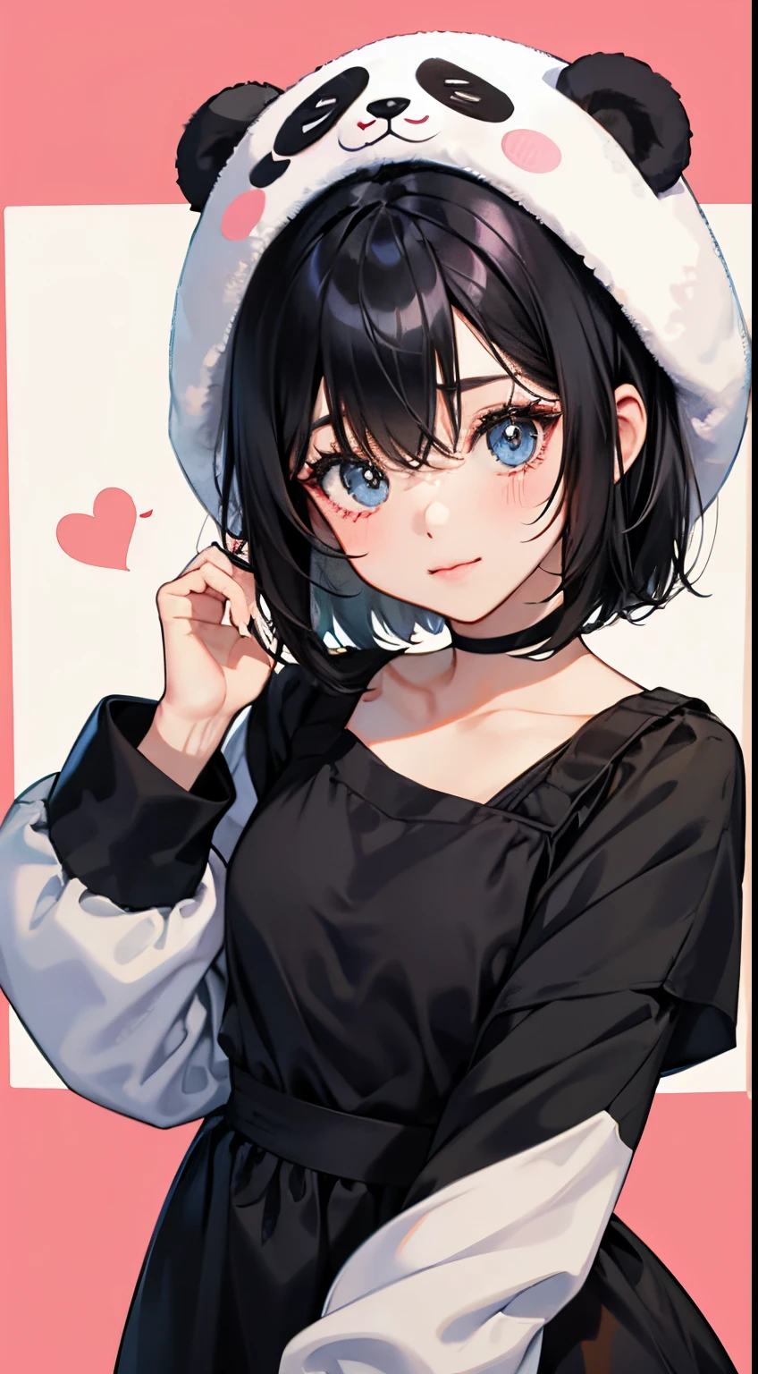 Black bob hair with curled ends、short-hair、Kawaii Girl、cute panda costume