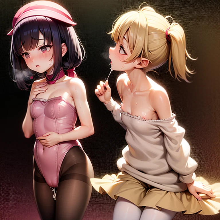 top-quality、(Two Fat Pretty Girls)、((Beige pantyhose))、SEX、cum shots、cum on facial、Ejaculation in the mouth、cum on chest、(Looking at the camera)、Leotards with frills、(Pink leotard)、short ponytail、thick thight、(flat breast:1.2)、(Heart-shaped pupil)、(Frustrated expression)、red blush、Looking up、proximity、oral sex、(Sweating all over the body:1.4)、toppless、Grabbing your own chest