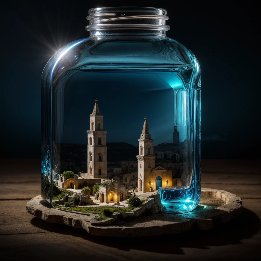 (An intricate minitown Matera landscape trapped in a bottle), atmospheric oliva lighting, on the table, 4k UHD, dark vibes, hyper detailed, vibrant colours blue sky background, epic composition, octane render, sharp focus, high resolution isometric, closeup view.