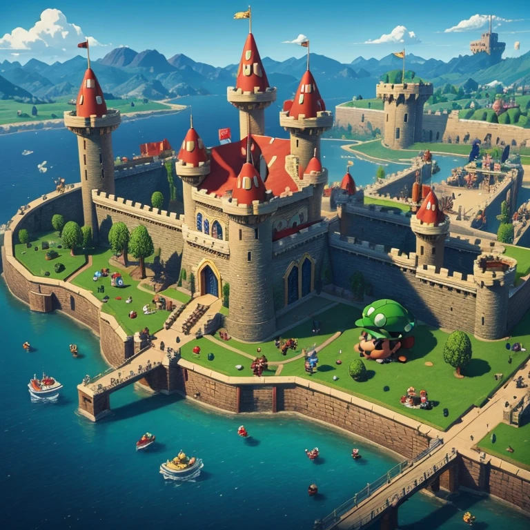 All caracters of Mario Bros game, the tower, castle, in brilliant colors,