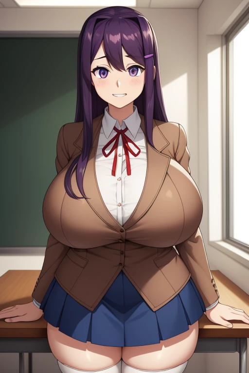 DDLCYURI, DDLCYURI, hair ornament, hair clip, hairlong, (violet eyes:1.1), massive breast, (Huge-breasts:1.4), purple hair, grin, Smile, hair above the eyes, Blazer BREAK, blouse, Blue skirt, jacket, (brown jacket:1.5), mini skirt, neck ribbon, band, school uniform, Shoes, Shirt, Above Knees, upskirt, white shirt, wing collar, thights, thights, zettai ryouiki break looking at the viewer, BREAKTHROUGH in the room, Classroom, BREAK (Masterpiece:1.2), Best Quality, High Resolution, Unity 8k壁纸, (illustartion:0.8), (beautiful detail eyes:1.6), extremely detailed face, perfect lighting, extremely detailed CGI, (perfect arms, perfect anatomy)