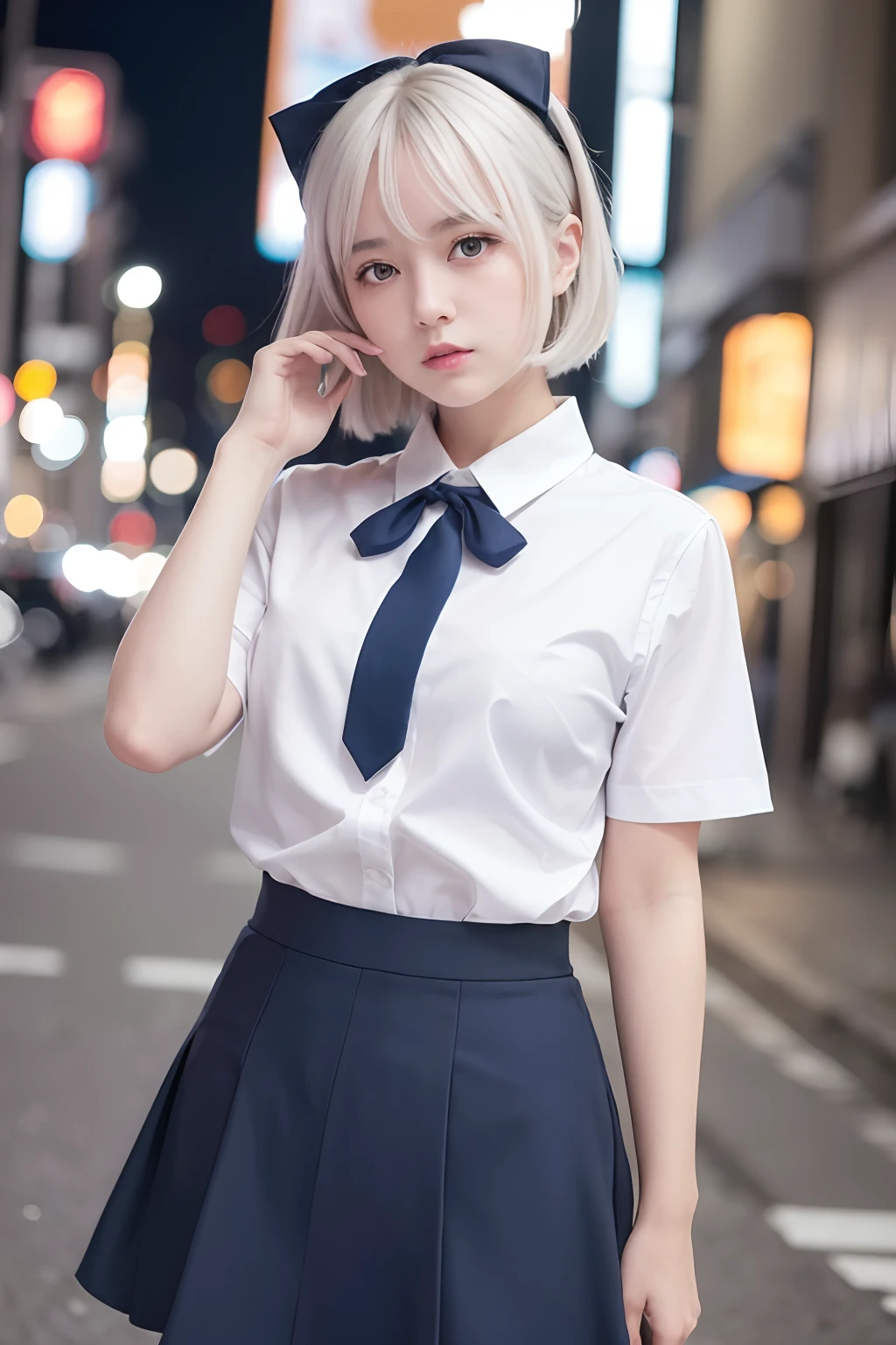 (8k, RAW photo, best quality, mastery:1.3),(realistic,photo-realistic:1.37),(night),(looking viewer:1.331),(white hair),posing,Tokyo street,nightcityscape,cyberpunk city,soft light, 1girl, extremely beautiful face, bust, hands down, casual hairstyle, smile, big eyes, lower abdomen, (white short sleeves, JK_shirt), JK_style, (navy JK_skirt), (bow JK_tie), mix4, big breasts, full body photo, black small leather shoes