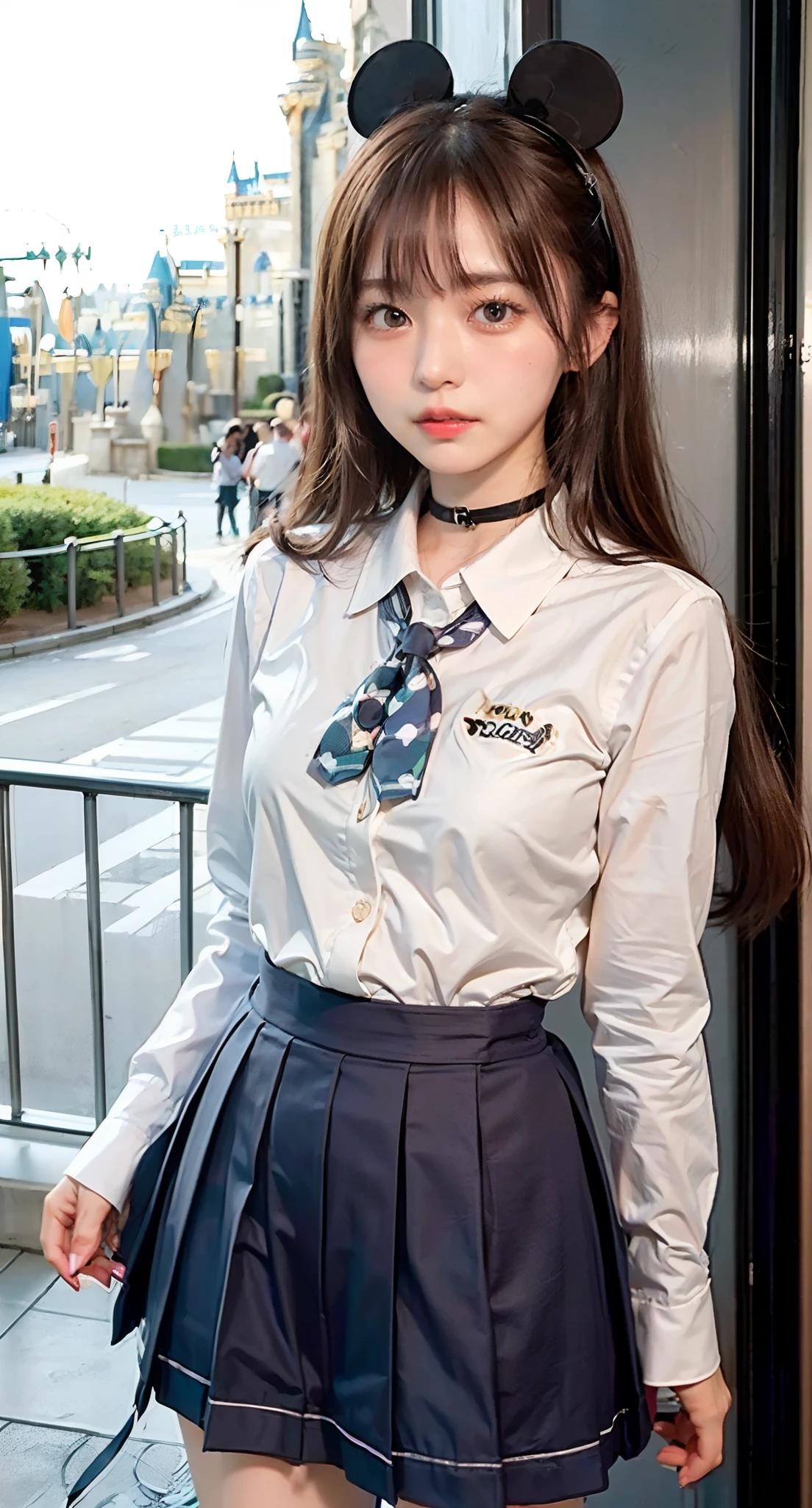 (School uniform、Disney land:1.9),(((Kamimei、At Disneyland、Embarrassing、red blush、embarrassed from、Mouth ajar))),((((small tits、oestrus、I'm))))、masutepiece, 1girl in, best qualtiy, Ultra Detail, (shiny), (Small)、(((with blush cheeks,))),Ray tracing,Perfect Lighting, (milky skin:1.2),reflection,  up looking_で_viewer, blush, bow ribbon, yellow_Eyes, White choker, Low_Twin-tailed、(((A slender,Japan's cutest 28-year-old beautiful girl))),Small ribbons in the hair、Contrast Legs