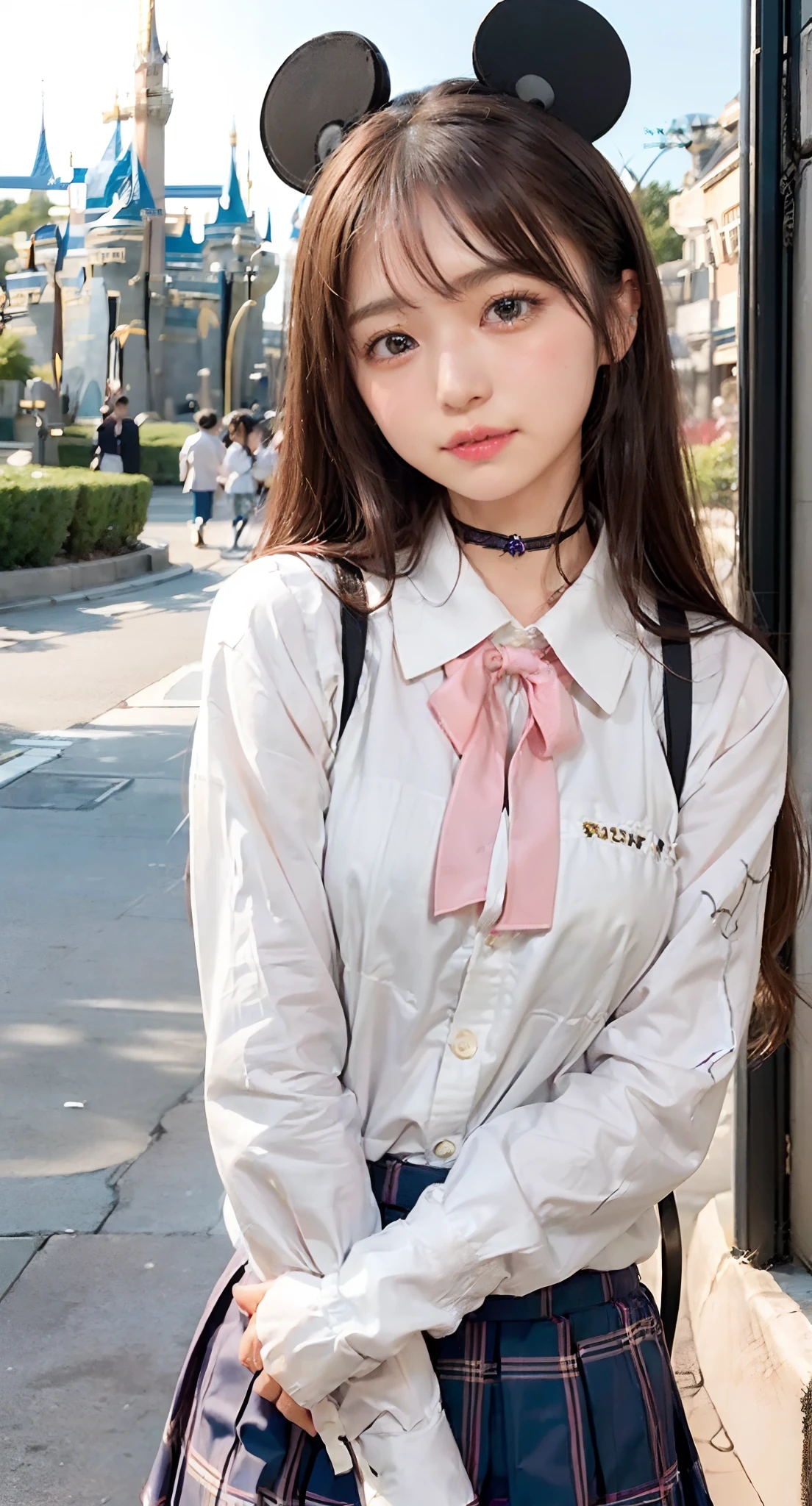 (School uniform、Disney land:1.9),(((Kamimei、At Disneyland、Embarrassing、red blush、embarrassed from、Mouth ajar))),((((small tits、oestrus、I'm))))、masutepiece, 1girl in, best qualtiy, Ultra Detail, (shiny), (Small)、(((with blush cheeks,))),Ray tracing,Perfect Lighting, (milky skin:1.2),reflection,  up looking_で_viewer, blush, bow ribbon, yellow_Eyes, White choker, Low_Twin-tailed、(((A slender,Japan's cutest 28-year-old beautiful girl))),Small ribbons in the hair、Contrast Legs