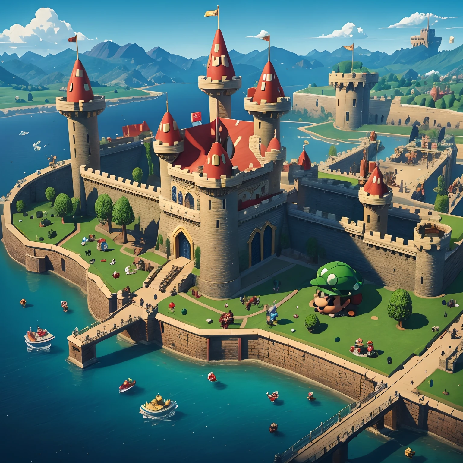 All caracters of Mario Bros game, the tower, castle, in brilliant colors,