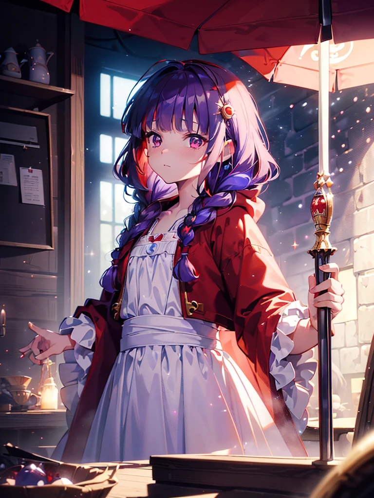 ((((Princess of Moonberg)))), ((1little girl)), 13years, ((drooing eyes)),(((deep purple hair))), ((Blunt bangs)), (Fluffy long hair), (single braids), (Deep red eyes), Pearl earrings,
((((red hood)))), (Lotto emblem on the hood), (((Red Stall))),  ((White robe with red edging)),  
Holding a magic wand in her left hand, 
masutepiece, Best Quality, (the Extremely Detailed CG Unity 8K Wallpapers), (Best Quality), (Best Illustrations), (Best Shadows), (((Particle effect))), Isometric 3D, Octane Rendering, Ray tracing, super detailed