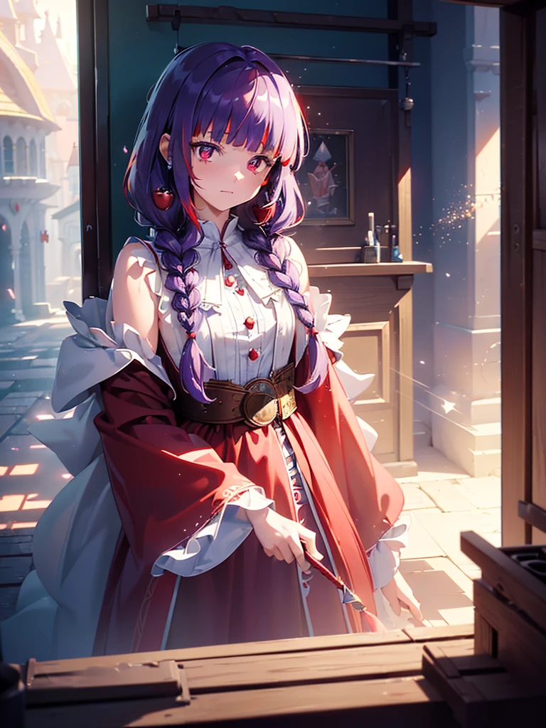 ((((Princess of Moonberg)))), ((1little girl)), 13years, ((drooing eyes)),(((deep purple hair))), ((Blunt bangs)), (Fluffy long hair), (single braids), (Deep red eyes), Pearl earrings,
((((red hood)))), (Lotto emblem on the hood), (((Red Stall))),  ((White robe with red edging)),  
Holding a magic wand in her left hand, 
masutepiece, Best Quality, (the Extremely Detailed CG Unity 8K Wallpapers), (Best Quality), (Best Illustrations), (Best Shadows), (((Particle effect))), Isometric 3D, Octane Rendering, Ray tracing, super detailed