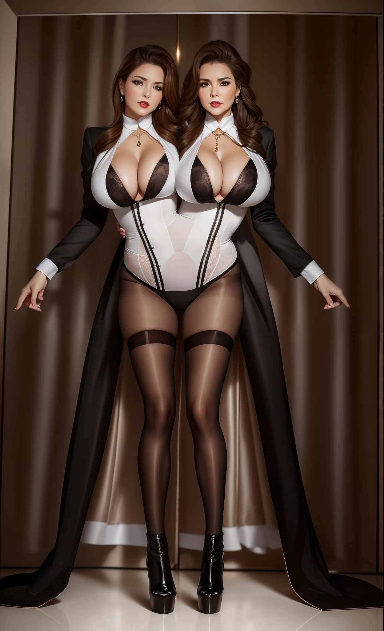 2 heads,Photo of a 50-year-old woman with brown hair, a captivating gaze, Brown eyes, Wrinkles on her face, Black pantyhose,Black High Heel Boots,she wears very sexy white underwear、、Revealing her large sagging breasts, Light makeup and red lips. 32K