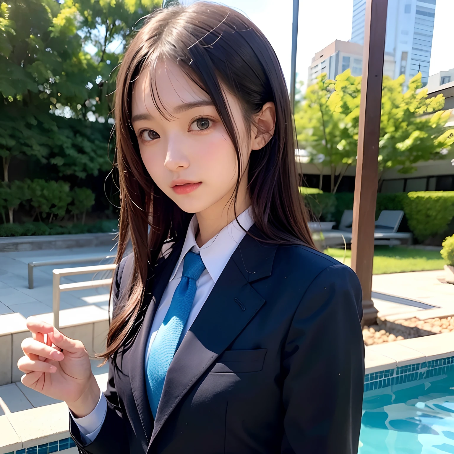 (masutepiece, Best Quality:1.2), 8K, Official art, Full body photo, full body Esbian、Fasten your tie、in poolside、turned around、Suits、Embarrassing black hair、years、small tits、Happy、unbelievable Ridiculous, (Upper body, Dark blue suit:1.4), Beautiful Girl, Pretty Face, arching back down, cute panty、Gold hair ornament on hair、Wearing a cute suit、close up, Wearing a suit, Short sleeve, gardenia, violaceaess, Teen, in poolside, Looking at Viewer, Film grain, chromatic abberation, Sharp Focus, face lights, Dynamic lighting, Cinematic lighting, Eyes and faces with detailed, Bokeh background, (Tie with Emma written on it、1 copy:1.2)