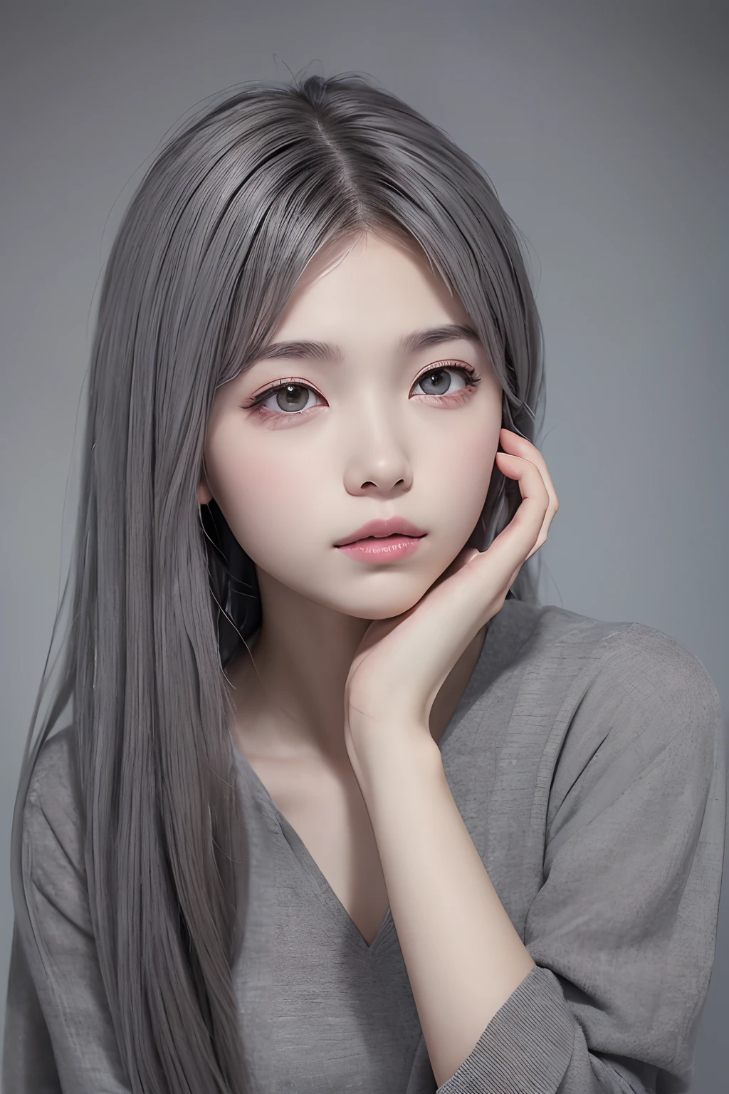 (((Gray world:1.3)))、Best Quality, masutepiece, High resolution, (((1girl in))), ,(((Eyes are gray:1.3)))、Gray dress、((gray shirt:1.3、Grey Block Dress)), Tindall Effect, Realistic, Shadow Studio,Ultramarine Lighting, dual-tone lighting, (High Detail Skins: 1.2)、Pale colored lighting、Dark lighting、 Digital SLR, Photo, High resolution, 4K, 8K, Background blur,Fade out beautifully、Gray world