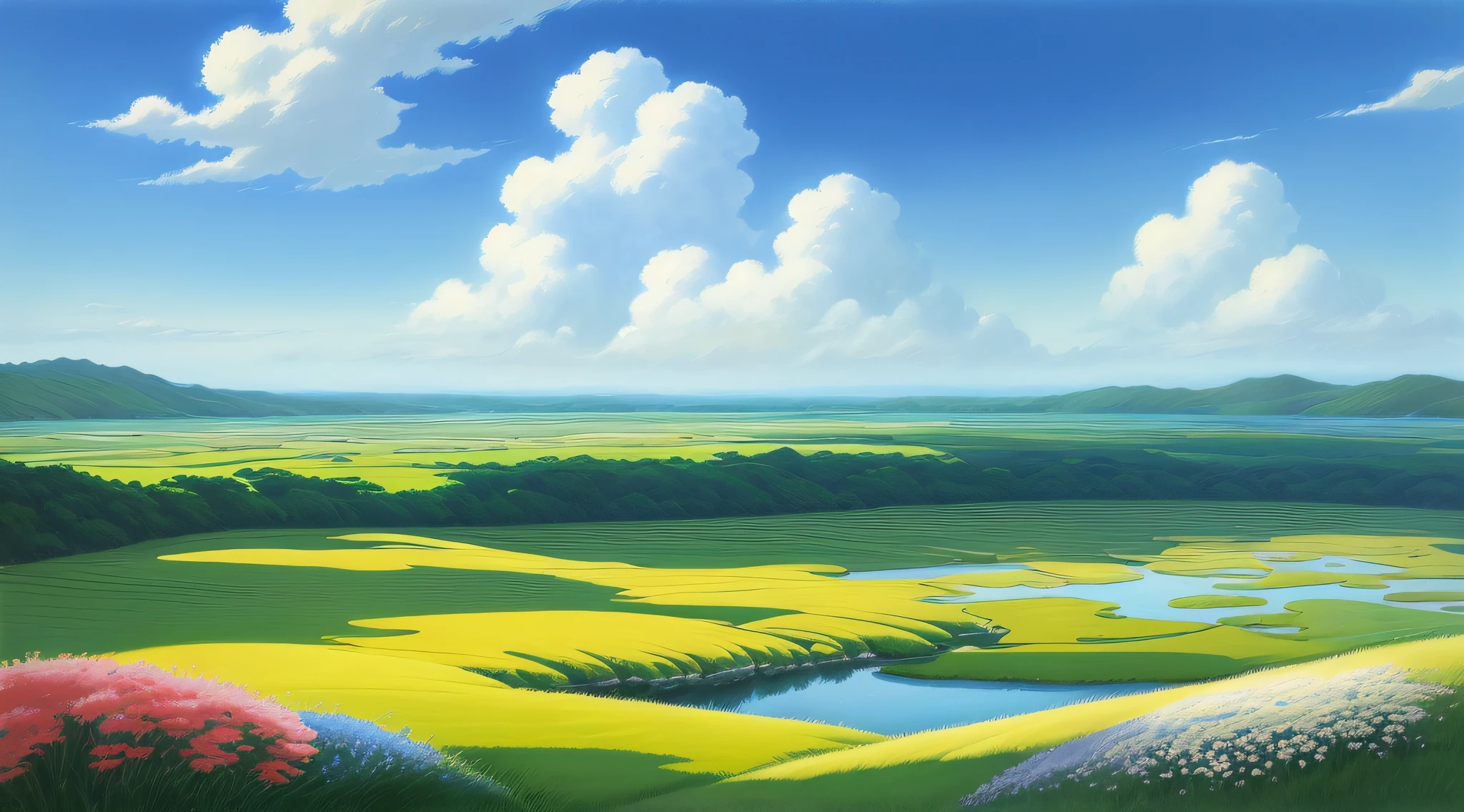 Realistic, authentic, beautiful and amazing landscape oil painting Studio Ghibli Hayao Miyazaki's petal grassland with blue sky and white clouds --v6
