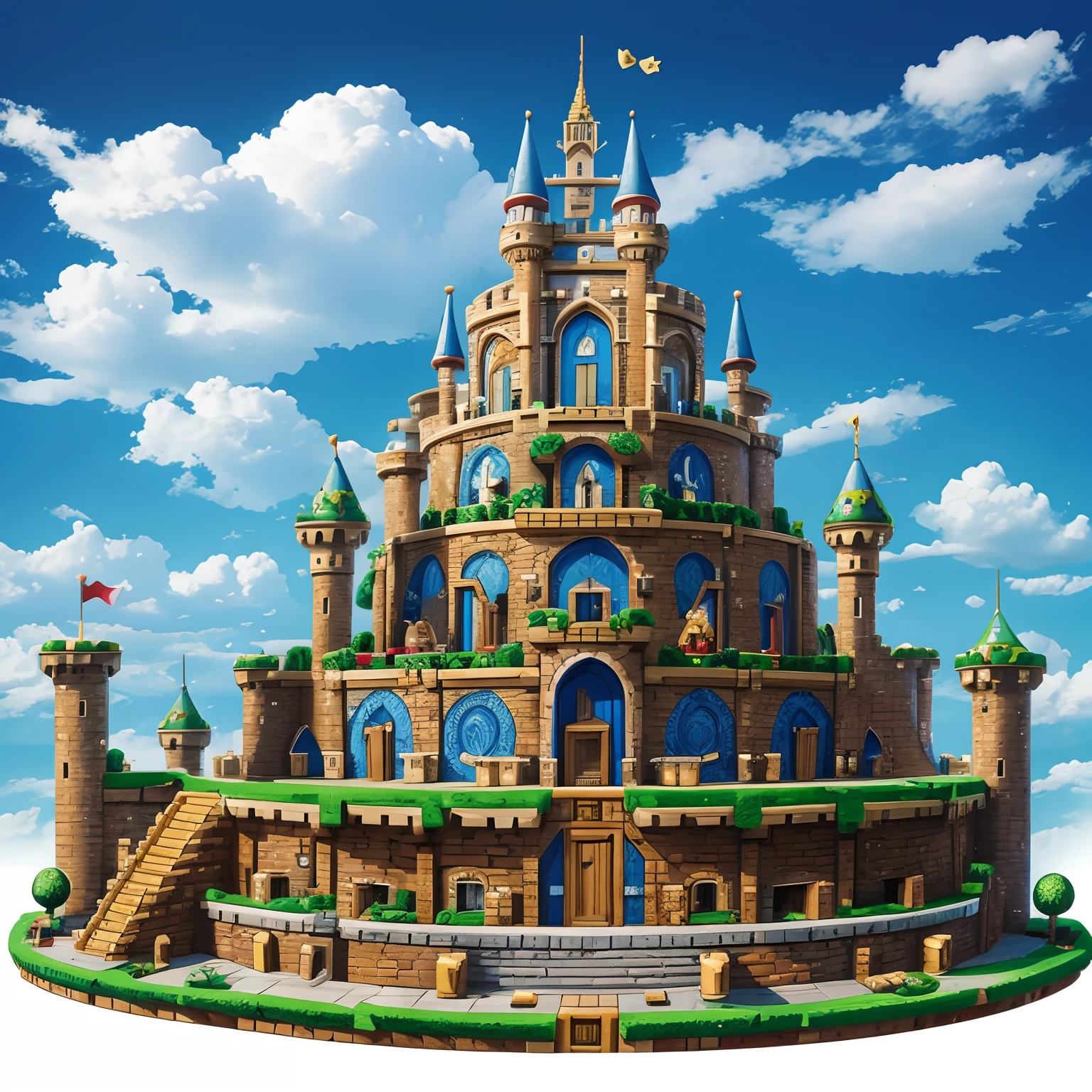 All caracters of Mario Bros game, the tower, castle, in brilliant colors,