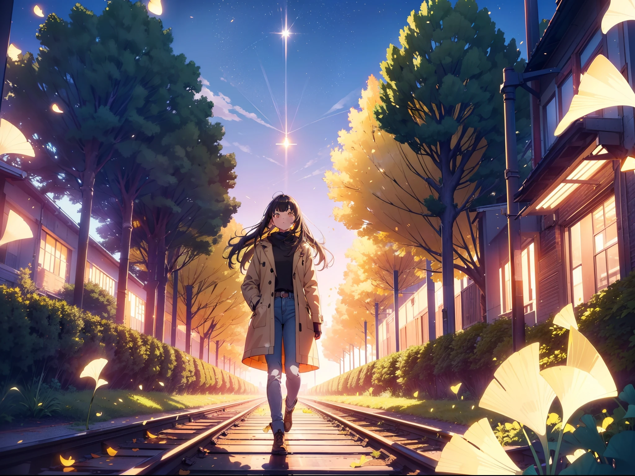 1 cute girl , walking on railway line, ((one-point perspective)), (Ginkgo tree line), ((yellow lighting)), many fallen ginkgo leaves, cinematic lighting , cowboy shot , close to viewer , character focus ,looking away, coat, denim pants ,black long hair, ((masterpiece)), ((best quality)), ((ultra-detailed)), (illustration), ((an extremely delicate and beautiful))