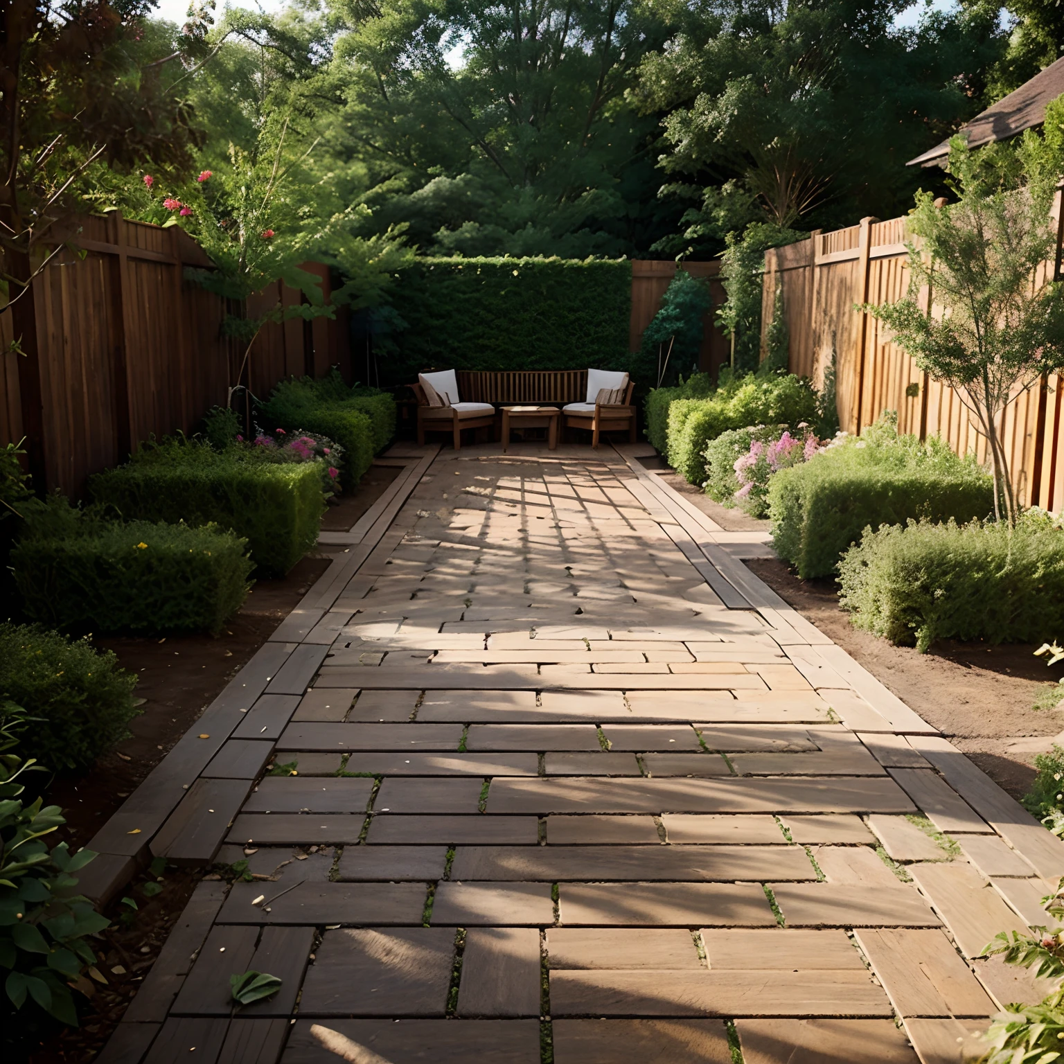 wooden deck. red brick path. garden from the 1930s. lots of plantings. lots of details.