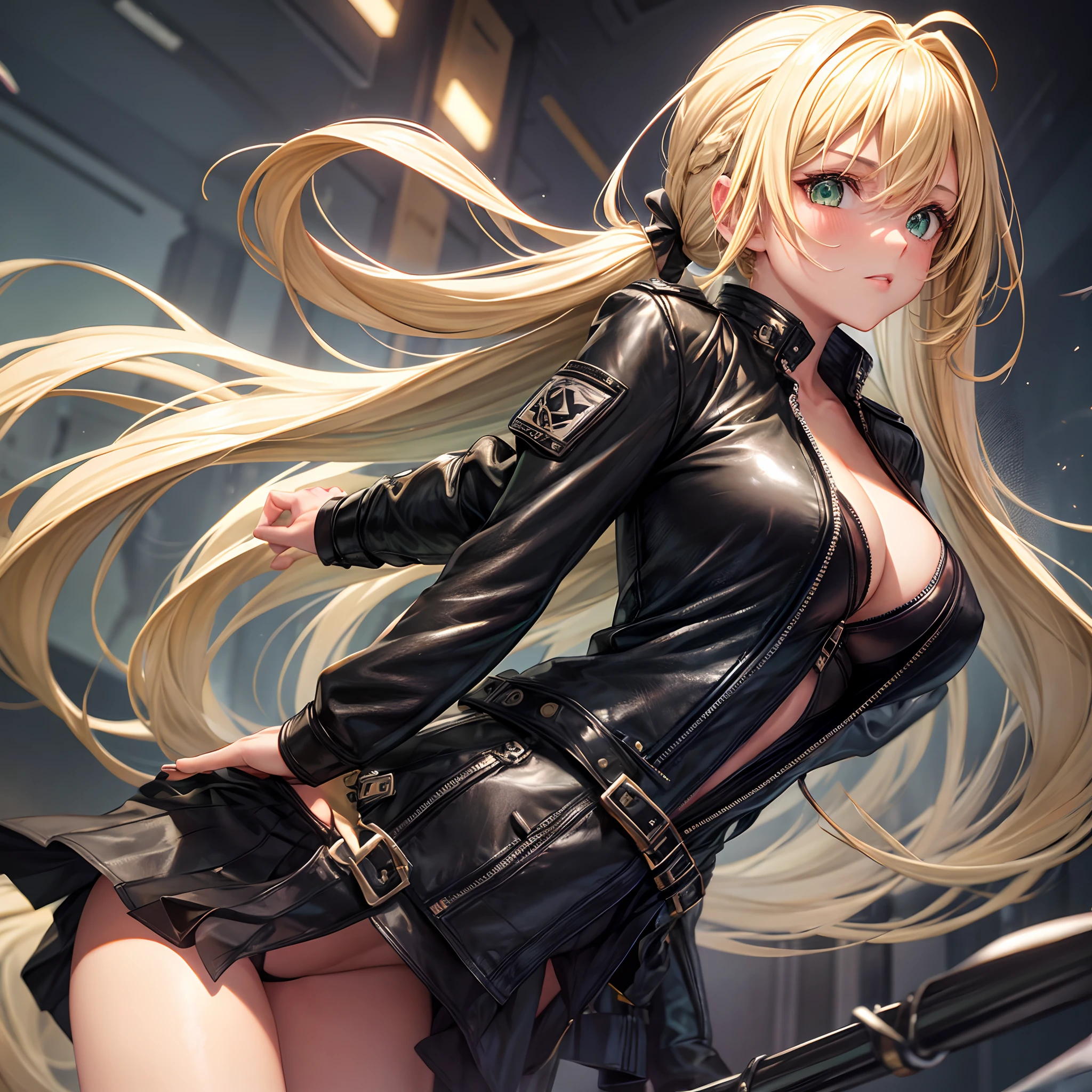 1girl in, Solo, Face, Portrait, Long hair, Pony tail, Blonde hair, Green eyes, Large breasts, (Black leather jacket:1.2) , cleavage, School, Blushing, Looking at the viewer,