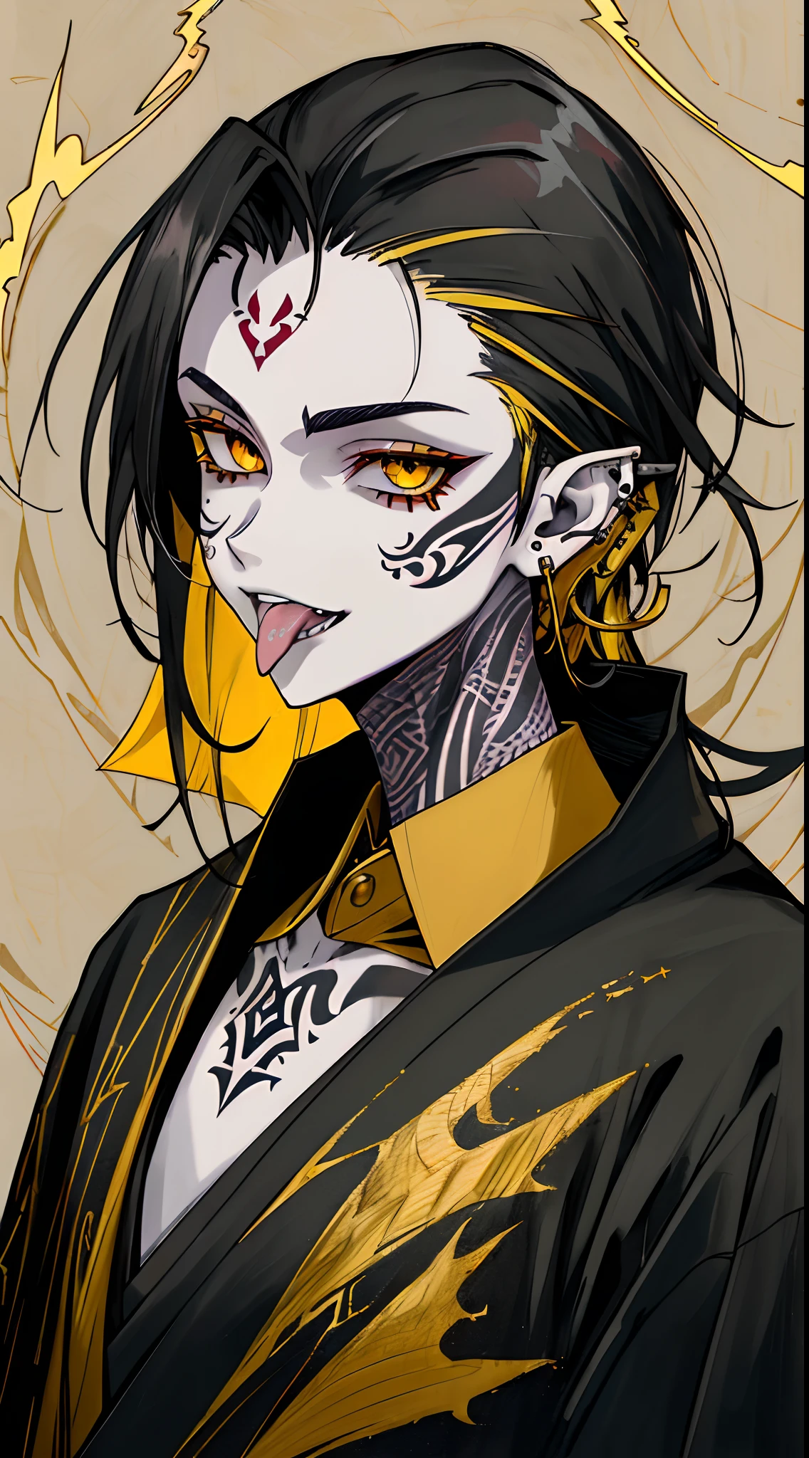 (((8k, RAW photo, best quality, Masterpiece: 1.4))), super high resolution, super detailed, illustration, close-up, handsome man, red eyes, (detailed eyes, bright eyes:1.2), black medium-length hair, elf, vampire, pale skin, ear piercings, kimono, dark, black clothes, detailed clothes, gold accessories on clothes, (shows yellow colored tongue), 0pen, sharp fangs, (perfect anatomy:1.2), high quality shadows, natural lighting, (white highlights:1.2), night, dark sky, (neck tattoo:1.2), (starry sky:1.2)