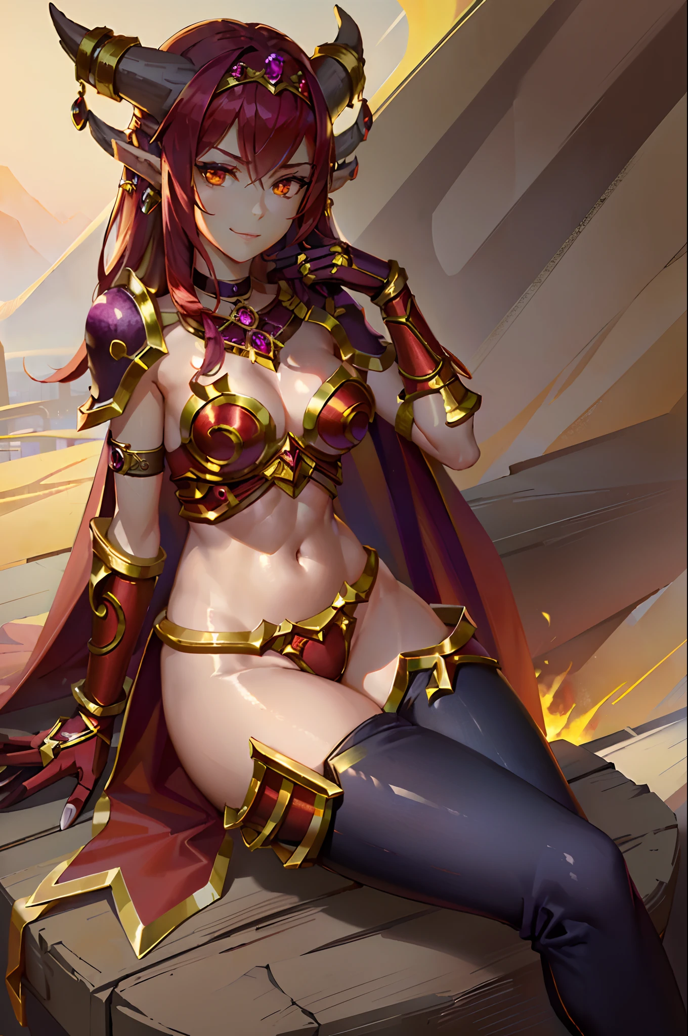 (masterpiece, best quality:1.3)
WowAlexstrasza, 1girl, solo, long hair, breasts, looking at viewer, smile, gloves, navel, medium breasts, sitting, closed mouth, braid, horns, choker, midriff, pants:1.3, cape, armor, orange eyes, fire, shoulder armor, red cape