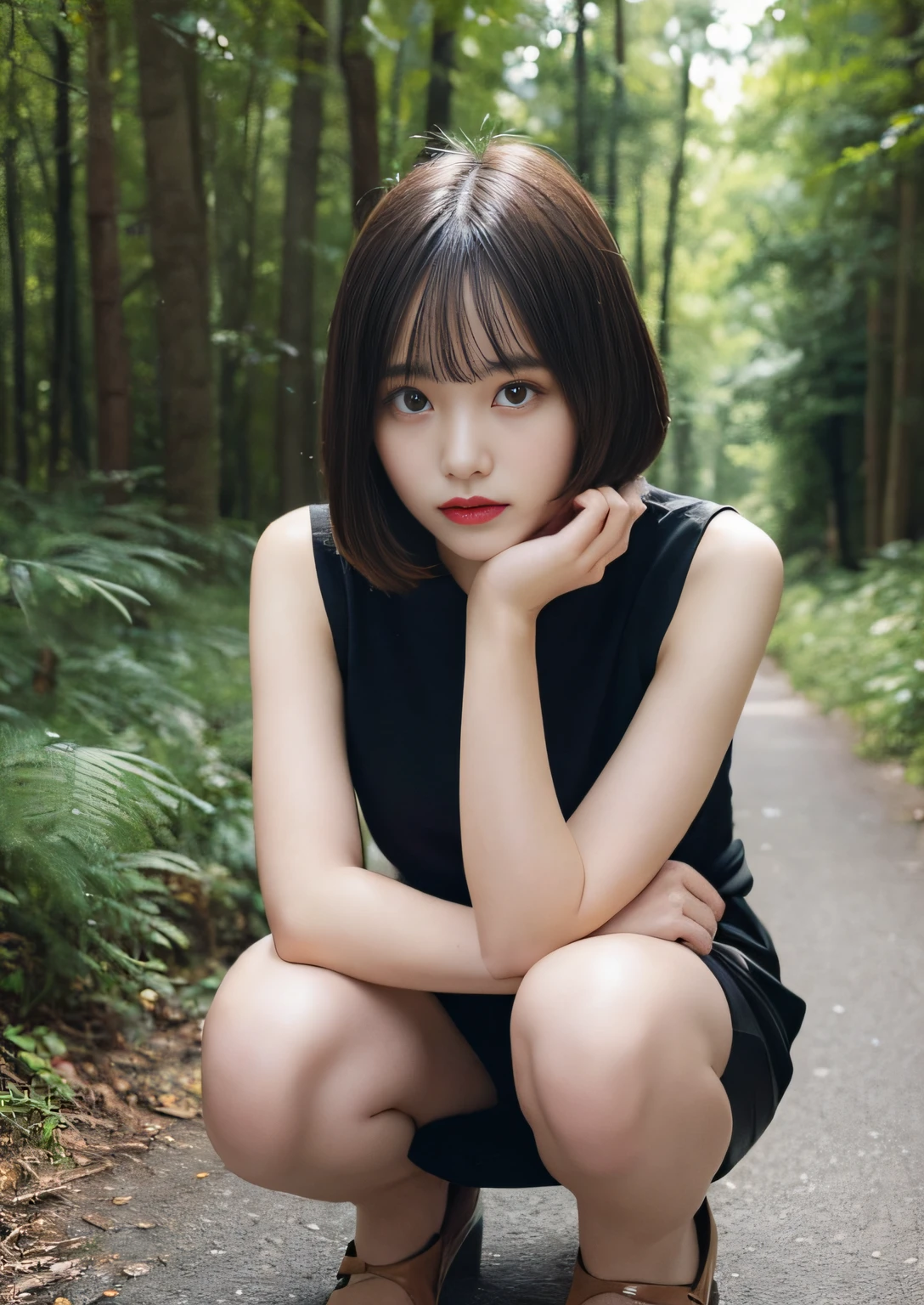 finely detail, hight resolution, hightquality、Perfect dynamic composition, Beautiful detailed eyes, Bob Layer Cut、In the deep forest、Trees are visible、Squatting、frombelow、Unclean，Blackback、Black Dress， I see the car、I see a man、Black bag、best qualtiy， ighly detailed，Natural Color Lip, 28 year old、1 persons、Transparent skin、Glowing hair、a miniskirt、beauty legs、Facial twitches、glares、irate、