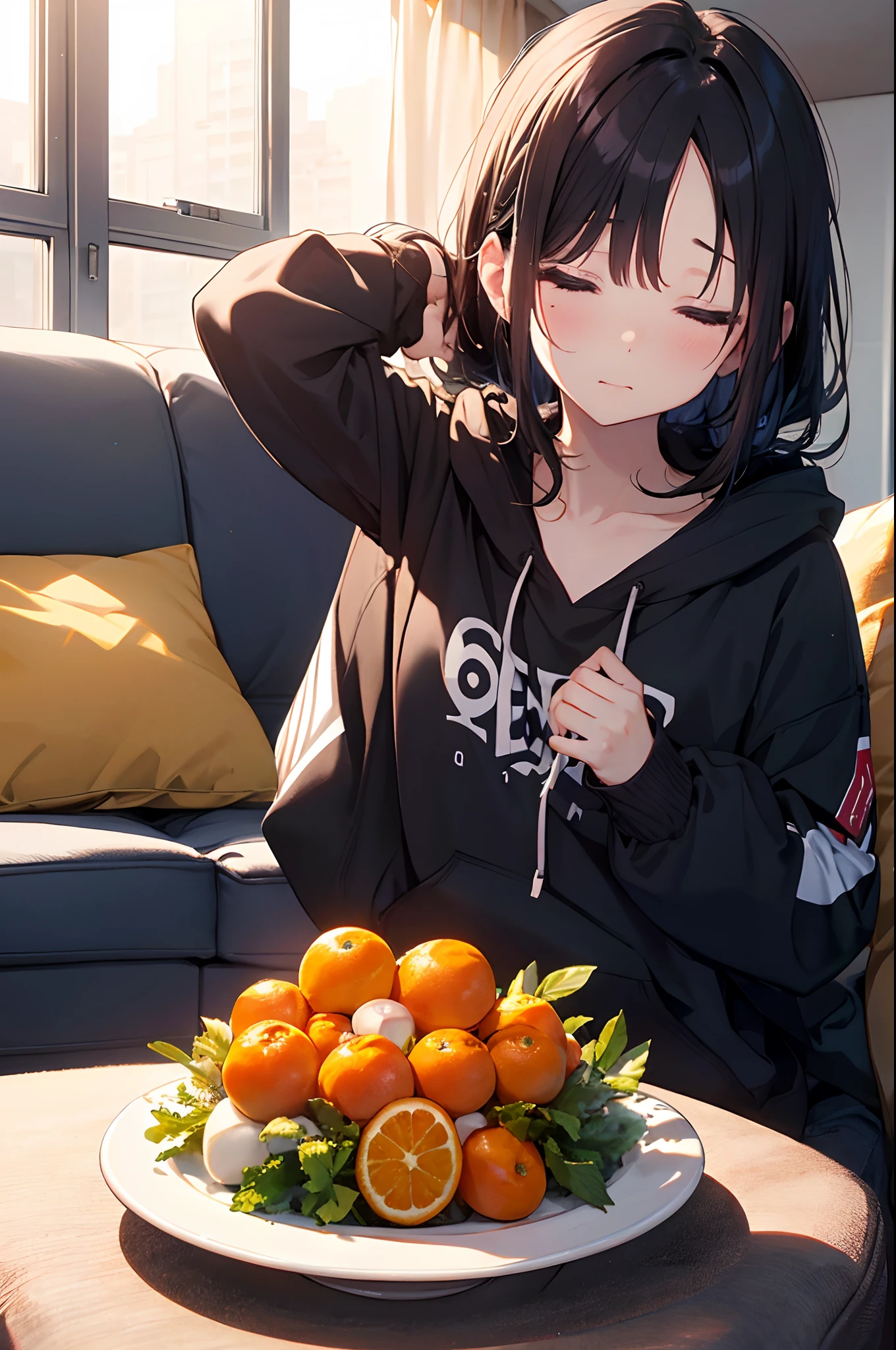 （Girl with a nasty appearance:1.3）、(Midnight time:1.5)、(and chest:1.4)、Raw photography, top-quality, hight resolution, (​masterpiece), (Photorealsitic:1.4), (Mole under the eyes),Anime Cosplay, foco nítido, nffsw, 8K分辨率, intricate detailes, depth of fields, the Extremely Detailed CG Unity 8K Wallpapers, front lit, femele,25-years old,Are sleeping、Bangs covering one eye、(tying  hair:1.5)、(Medium Showtrain Bo Hair)、(Big hoodie)、blue eyess,(Sofa in the living room:1.5)、(Kotatsu:1.3)、(Full body depiction)、Prayer Pose:1.2)、The world shining through the window、Closing your eyes、nap、Idyllic atmosphere、Where to eat tangerines