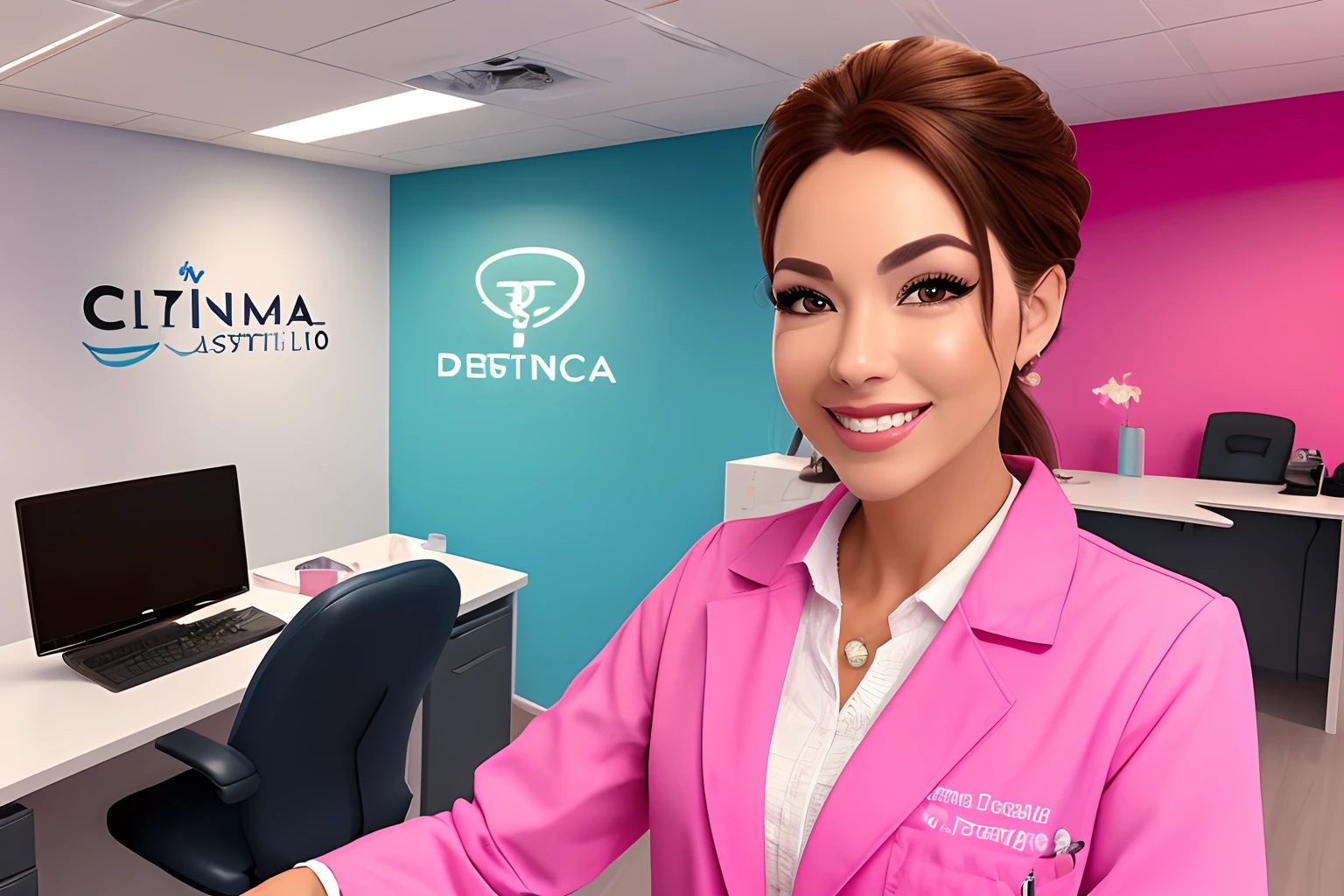 3D Disney Pixar Estilo, Uma bela mulher dentista, Botox application on a patient in the office, Clínica Beauty Studio, pink elegant medical coat , sorridente, Holding a syringe and a medical instrument, corpo inteiro, Ultra Qualidade, cores vibrantes, Venue with good lighting.