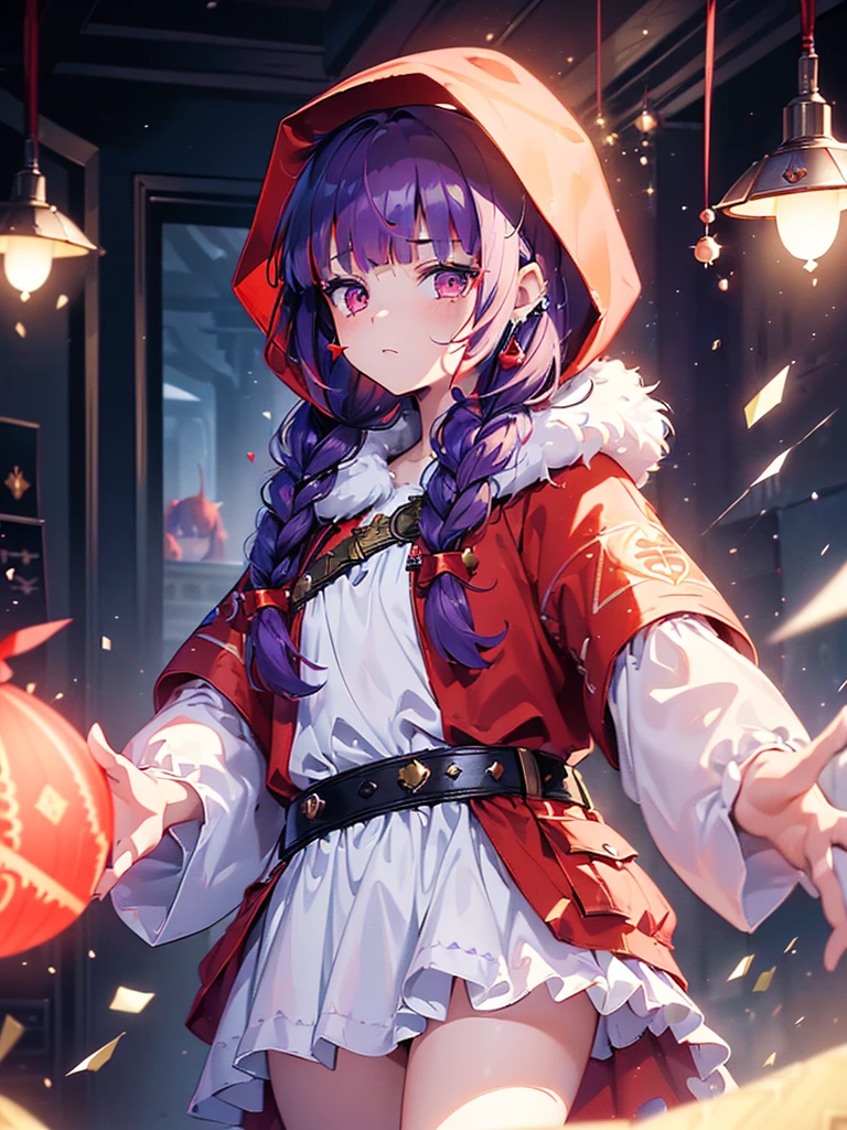 ((((Princess of Moonberg)))), ((1little girl)), ars, ((drooing eyes)),(((deep purple hair))), ((Blunt bangs)), (Fluffy long hair), (single braids), (Deep red eyes), Pearl earrings,
((((red hood)))), (Lotto emblem on the hood), (((Red Stall))), ((White robe with red edging)),
Holding a magic wand in her left hand,
masutepiece, Best Quality, (the Extremely Detailed CG Unity 8K Wallpapers), (Best Quality), (Best Illustrations), (Best Shadows), (((Particle effect))), Isometric 3D, Octane Rendering, Ray tracing, super detailed,
