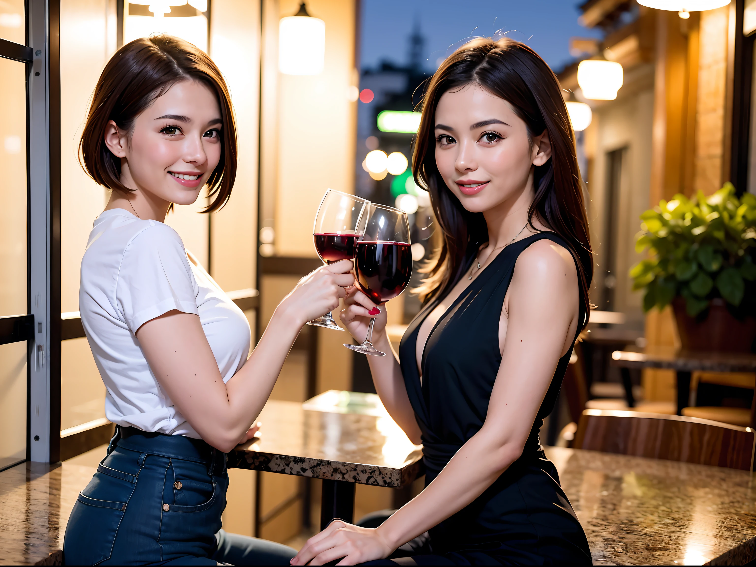 (64K, UHD, top quality, masterpiece: 1.2), (realistic, photorealistic: 1.37), super detailed, pretty woman 1 person, (slim face), (slim body), (brown hair), (short cut), cheeks slightly blushing, (44 years old), 38 years old, solo, beautiful detailed urban night view outside the window, restaurant, wine glasses sit, at night, in a prominent placeNovaFrogStyle, Actress, Model, Waist Up, White Wine, Slim, Wine Glass, Super Clean Night View, Wine Glass Put in the Middle, Happy Smile, (Smile: 1.15), Beautiful Fine Eyes, Upper Body, Bust Japan Up, Night, Short, Short, Actress, Model, Waist Up, White Wine, Slim, Wine Glass, Super Clean Night View, Wine Glass Put in the Middle, Happy Smile,
