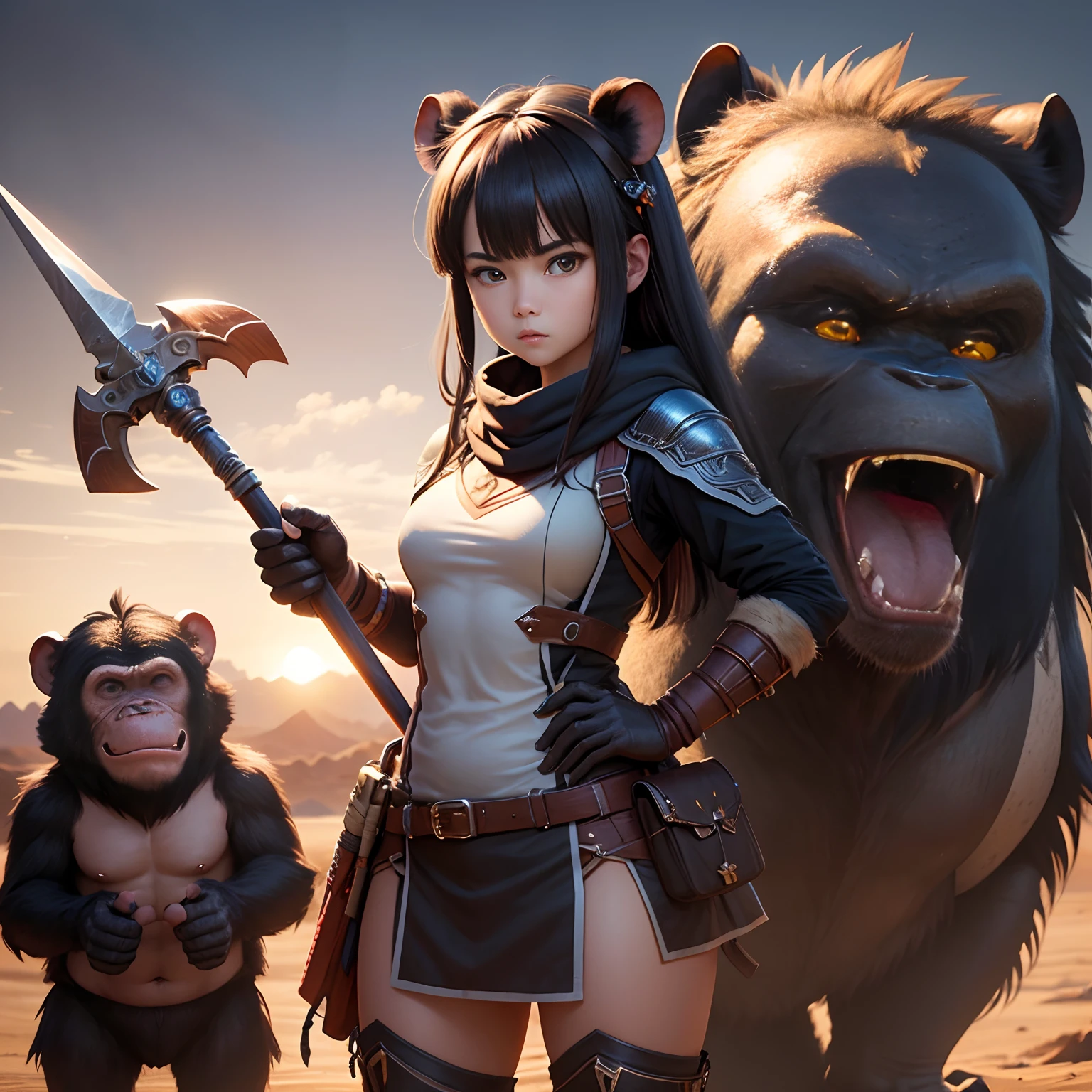 超A high resolution、An ultra-high picture quality、8K、Detailed details、marvelous expression、1 person teenager、A big chimpanzee monster is your buddy、Monster Hunter Character Costumes、Have a big weapon、Vast desert background、