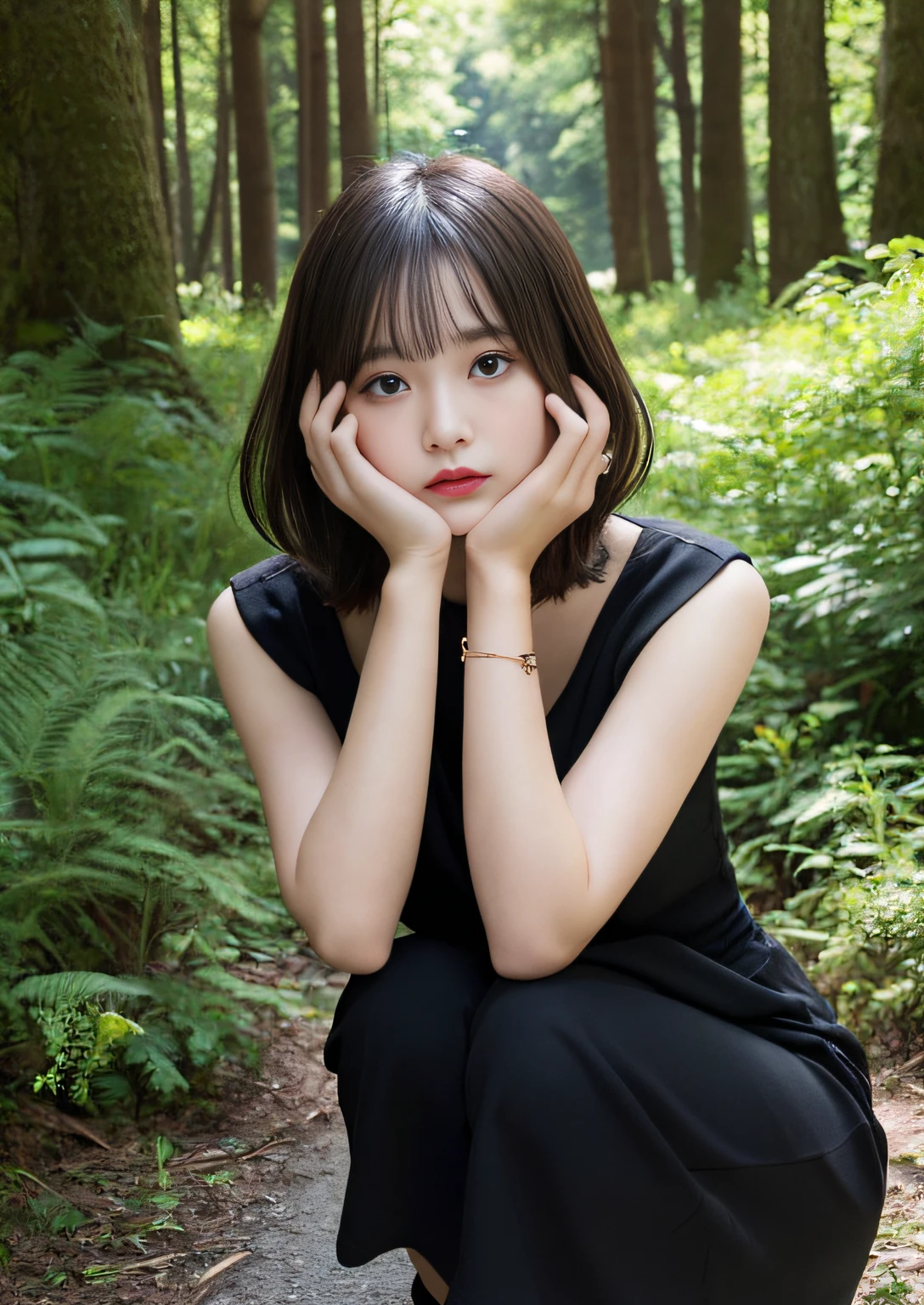 finely detail, hight resolution, hightquality、Perfect dynamic composition, Beautiful detailed eyes, Bob Layer Cut、In the deep forest、Trees are visible、Squatting、frombelow、Unclean,Blackback、Black Dress, I see the car、Black bag、best qualtiy, ighly detailed,Natural Color Lip, 28 year old、1 persons、Transparent skin、Glowing hair、a miniskirt、beauty legs、Facial twitches、glares、irate、