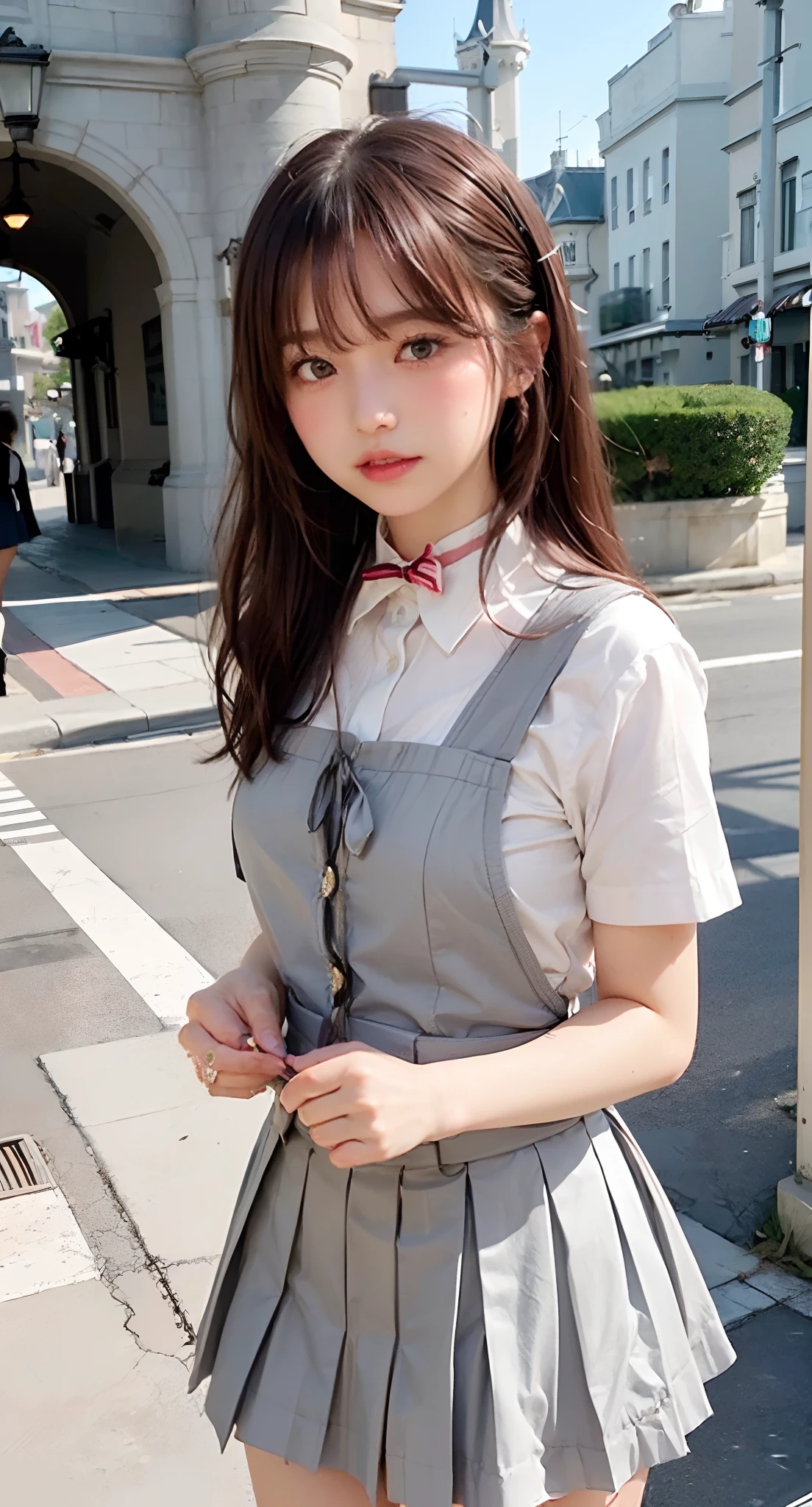 (((Medium Curl Hair、Disney land、blue-sky、Good Style、Embarrassing、red blush、embarrassed from、Mouth ajar))),(((((Knee-length pleated skirt、show off panty,Skirt flipping in the wind、Suspender Skirt、Check Grey Skirt、blouse))))),((At Disneyland、frombelow))、masutepiece, 1girl in, best qualtiy, Ultra Detail, (shiny), (Small)、(((with blush cheeks,A slender))),Ray tracing,Perfect Lighting, (milky skin:1.2),reflection,  up looking_で_viewer, blush, bow ribbon, yellow_Eyes, White choker, Low_Twin-tailed、Japan's cutest 28-year-old beautiful girl、Small ribbons in the hair、Contrast Legs