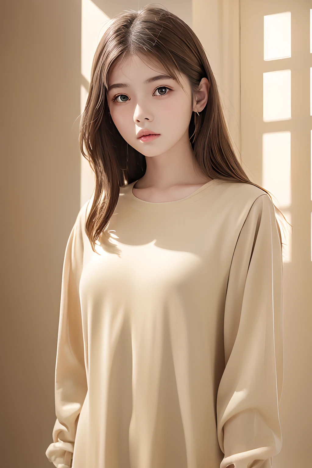 (((Beige World:1.3)))、Best Quality, masutepiece, High resolution, (((1girl in))), sixteen years old,(((Eyes are gray:1.3)))、Beige dress、((Beige shirt:1.3、Beige Color Block Dress)), Tindall Effect, Realistic, Shadow Studio,Ultramarine Lighting, dual-tone lighting, (High Detail Skins: 1.2)、Pale colored lighting、Dark lighting、 Digital SLR, Photo, High resolution, 4K, 8K, Background blur,Fade out beautifully、Beige World
