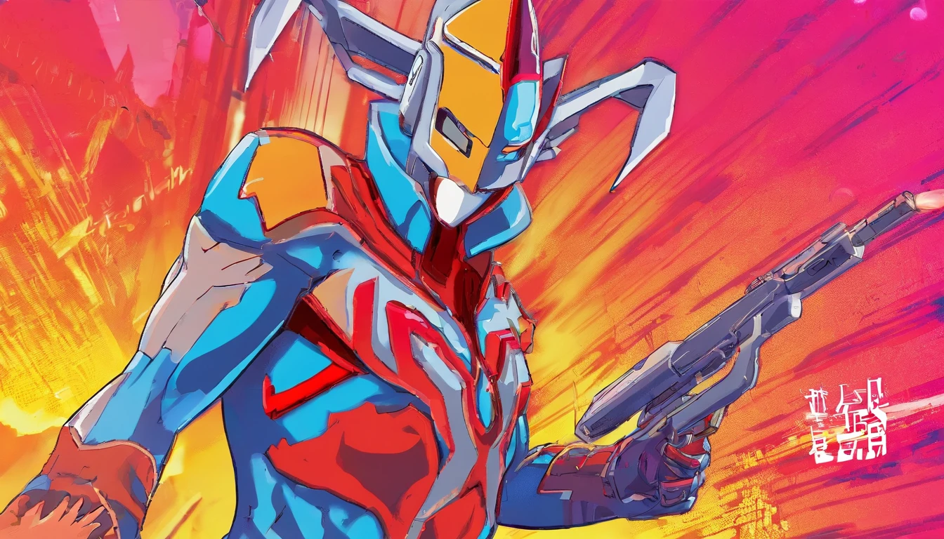 [ Amazing | astounding | delicated ] [Visually inspect the audience]Ultraman&#39;s character statue ， （Best quality， tmasterpiece）， 1人， looking at viewert， face guard ， City smoke background， upper part of body， Contemporary，Ultraman Tiga clothing。[dot paper effect]