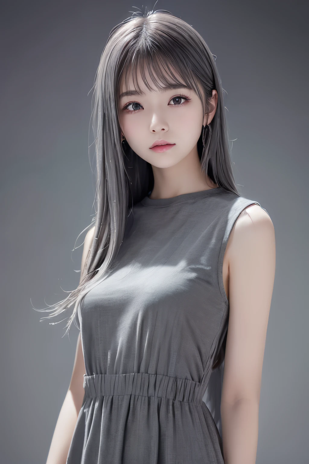 (((Gray world:1.3)))、Best Quality, masutepiece, High resolution, (((1girl in))), sixteen years old,(((Eyes are gray:1.3)))、Gray dress、((gray shirt:1.3、Grey Block Dress)), Tindall Effect, Realistic, Shadow Studio,Ultramarine Lighting, dual-tone lighting, (High Detail Skins: 1.2)、Pale colored lighting、Dark lighting、 Digital SLR, Photo, High resolution, 4K, 8K, Background blur,Fade out beautifully、Gray world