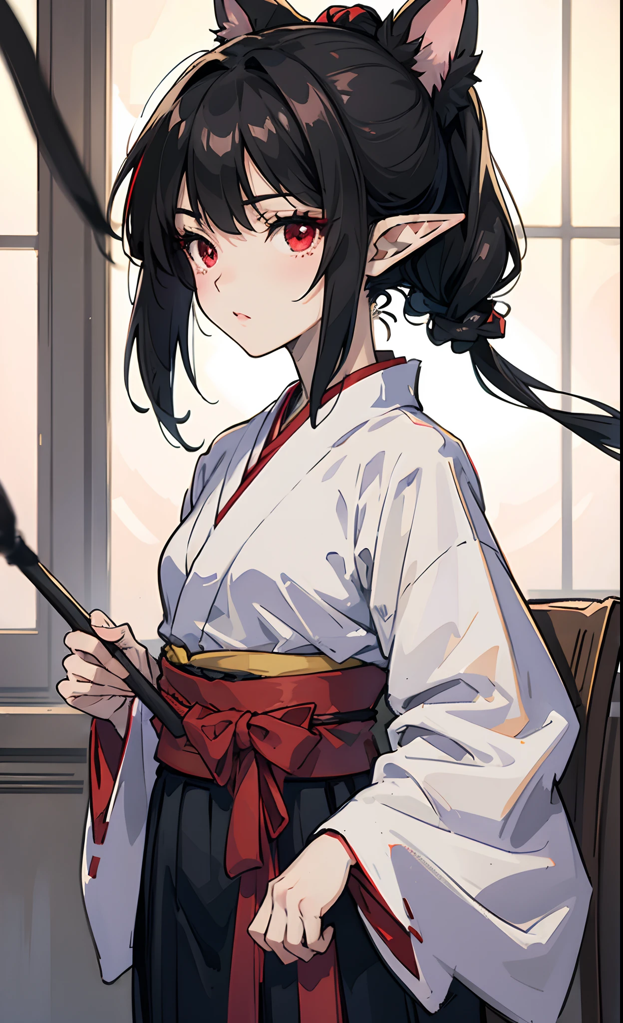 Anime Girl Black Hair Red Eyes Elf Ears Hakama