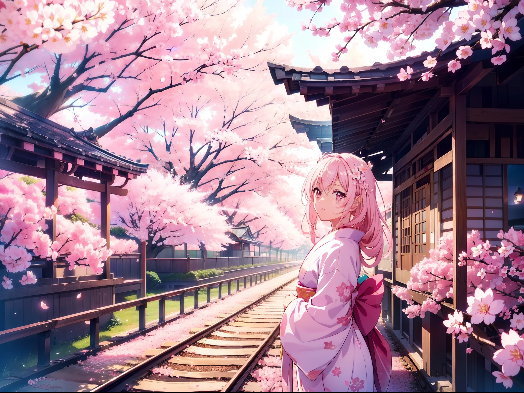 1 cute girl , standing on railway line, (one-point perspective), (row of cherry blossom trees ), ((pink lighting)), cinematic lighting , Cherry blossom petals floating, cowboy shot , close to viewer , character focus ,looking away, kimono ,black long hair, ((masterpiece)), ((best quality)), ((ultra-detailed)), (illustration), ((an extremely delicate and beautiful))