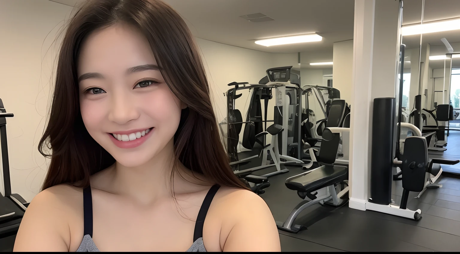 ((top-quality、in 8K、masterpiece:1.3))、1girl in、Beautiful woman with plump abs emphasized:1.3、(The long-haired、Colossal tits:1.2)、At the gym、Super delicate face、wholesome、二重まぶた、A smile that showed teeth、Wearing a tank top、Looking at the camera、Big smile、Look here、Look at me with your eyes wide open、Cozy feeling、Work out in the gym