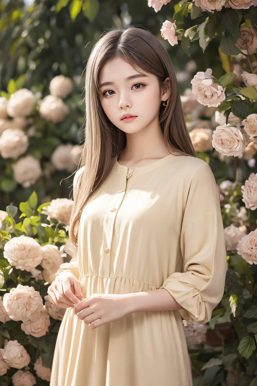 (((Beige World:1.3)))、Best Quality, masutepiece, High resolution, (((1girl in))), sixteen years old,(((Eyes are gray:1.3)))、Beige dress、((Beige shirt:1.3、Beige Color Block Dress)), Tindall Effect, Realistic, Shadow Studio,Ultramarine Lighting, dual-tone lighting, (High Detail Skins: 1.2)、Pale colored lighting、Dark lighting、 Digital SLR, Photo, High resolution, 4K, 8K, Background blur,Fade out beautifully、florals、Flowers in the background、Beige World