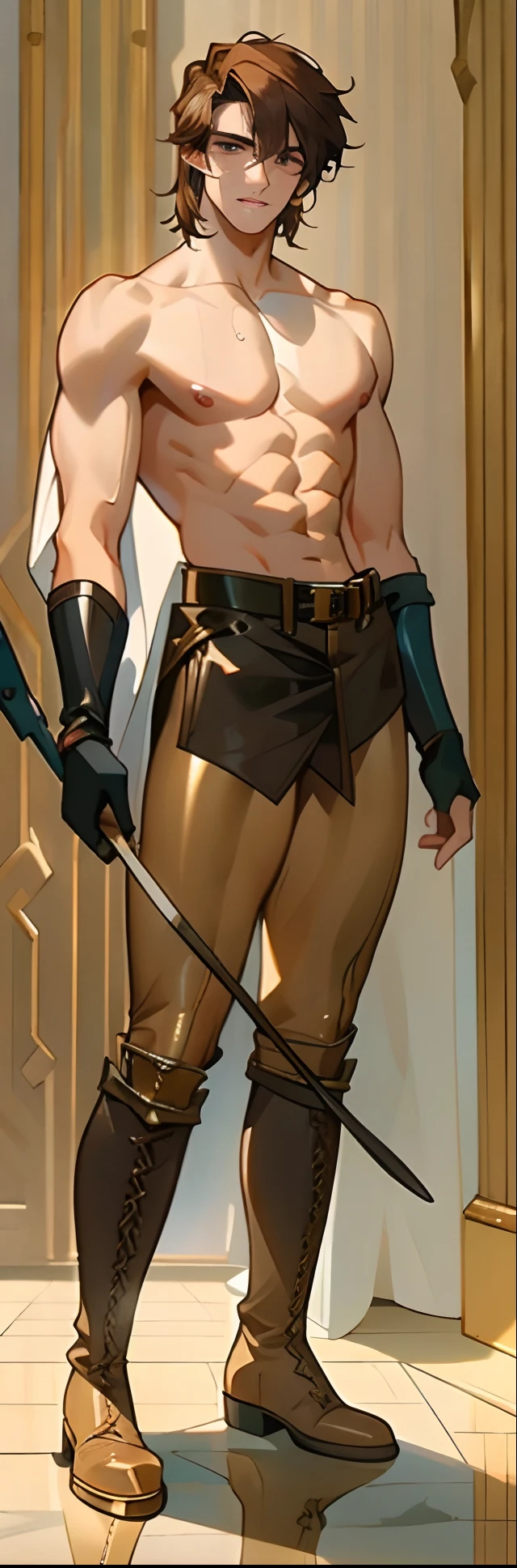 (highest resolution, distinct_image) best quality, a man, solo, masterpiece, highly detailed, semi realistic, brown hair, bangs, (23 years old:1.4), mature, tall strong,paladin,(luxury hotel room background:1.2), cold, serious, tall, handsome, powerful, demi-god, godlike, exquisite facial features, (full body)(combat_boots:1.4)(dark pants:1.3),( gloves:1),solo,(looking at viewer),(from below:0.4)(head turned upwards:0.3)(smiling:0.4)(holding riding crop:1.2)(muscular:1.2),(standing on ground), (marble floor)(mean:0.4)(seductive:0.5)(evil:0.9),detailed,(abs:0.9)(bdsm Equipment),(Link:1.3),Warrior,knight,(masculine face)(big cape:1.1),(wide face),(shirtless,topless:1.4),wild hair,