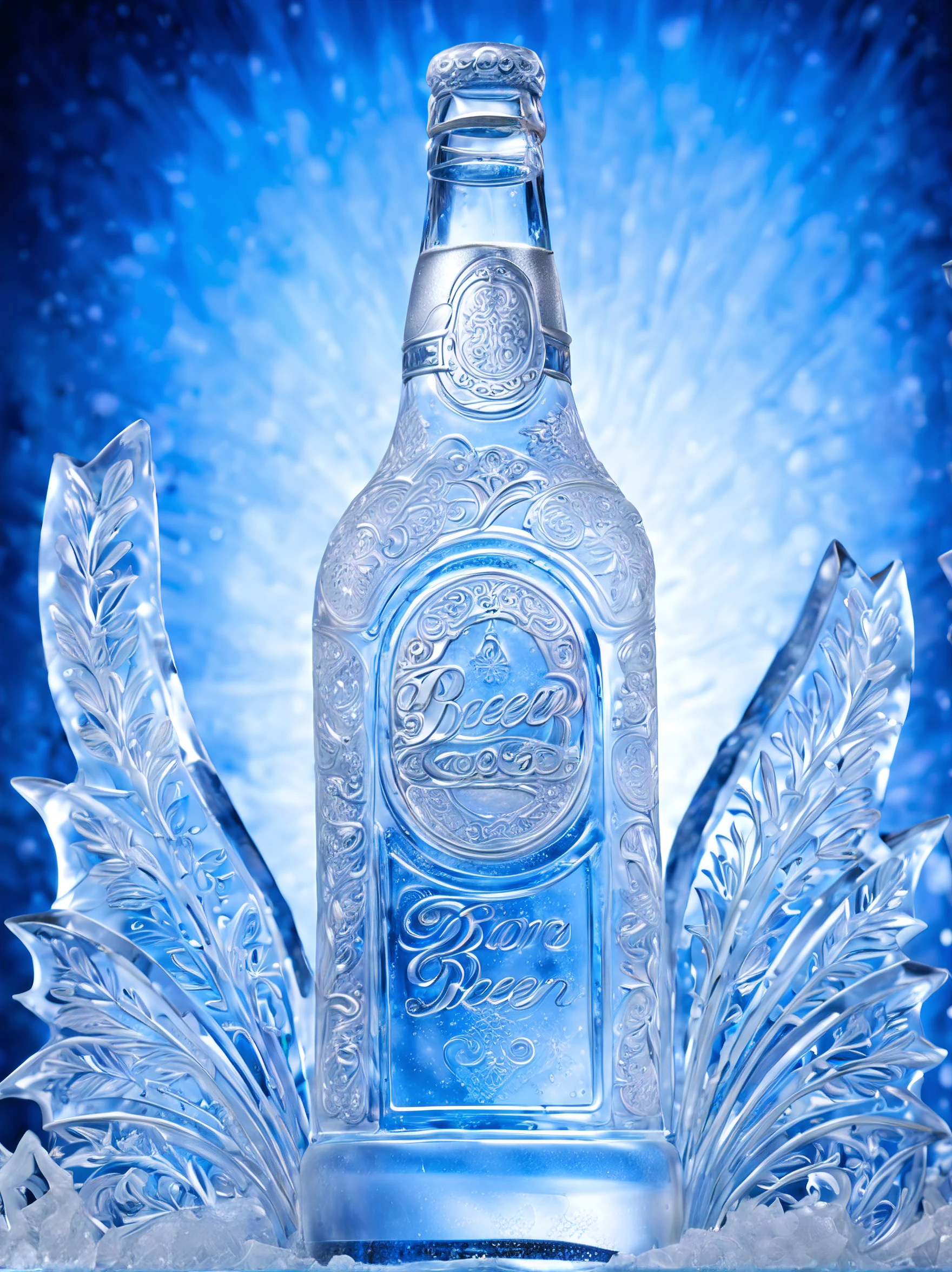 ice sculpture of a beer bottle, macro photography, intricate details, intricate background, meticulous craftsmanship, high resolution, photorealistic rendering, stunning artistry, frozen beauty, masterful art piece