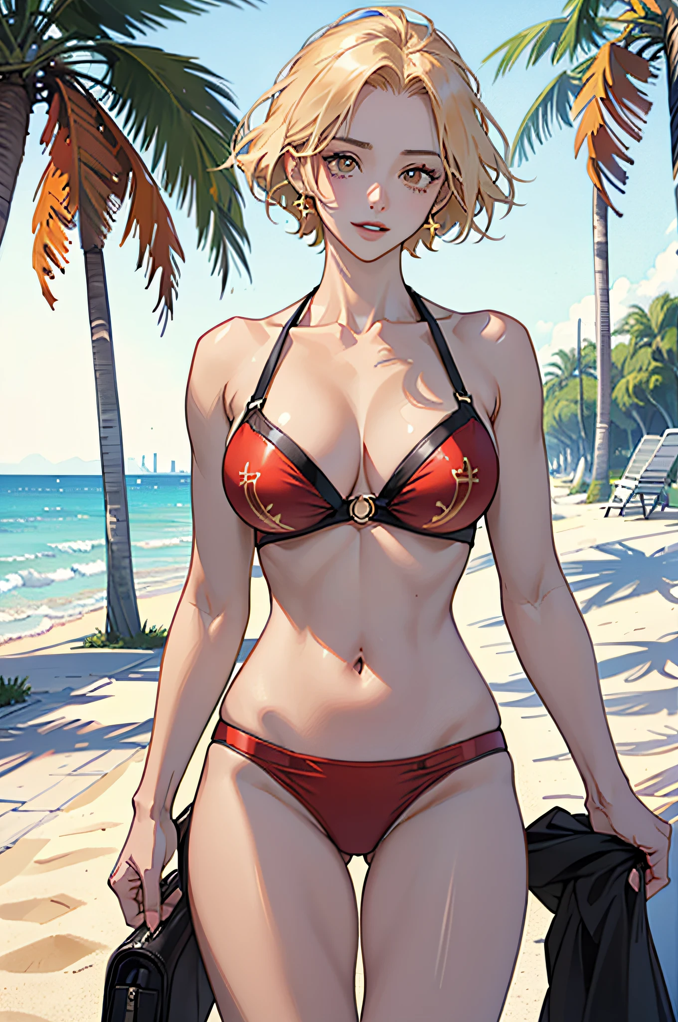 独奏, (Red and gold bikini:1.1), Beautiful beach with palm trees in the background, cleavage of the breast, (Light brown eyes:1.2), Blonde hair, Left and right symmetrical eyes, symbol-shaped pupils, wide eyes, longeyelashes, Solid Circle Eyes, makeup, （Laughing）, surrealism, Hyper-Realism, Verism, depth of fields, nffsw, masutepiece, ccurate, Anatomically correct, Textured skin, Super Detail, high details, High quality, Best Quality, hight resolution, 1080p, hard disk, 4K, in 8K