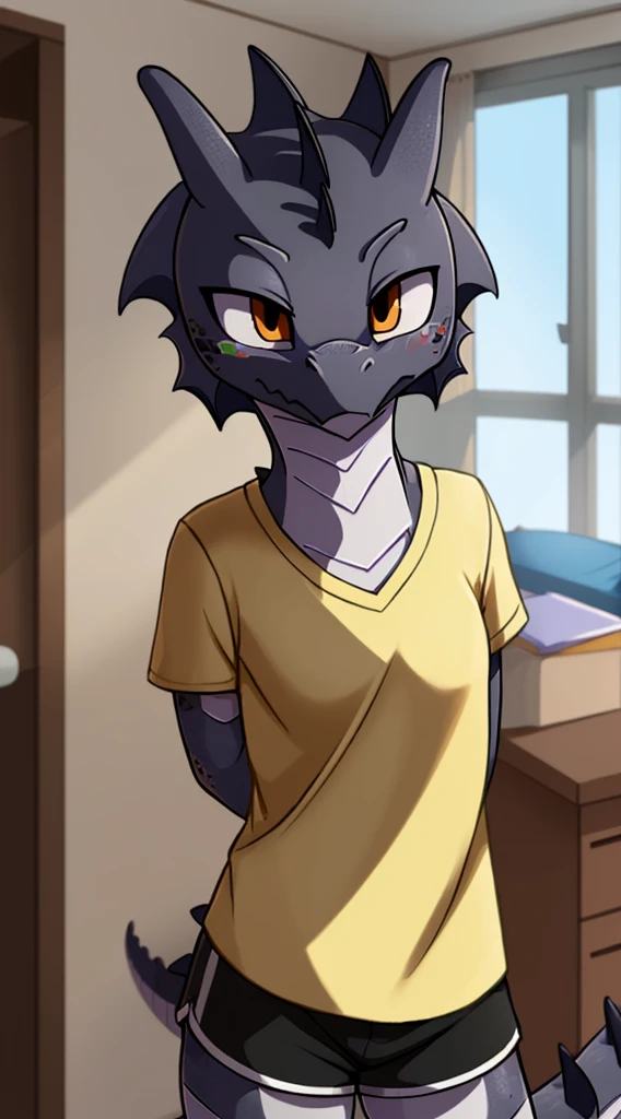 A girl, 独奏, (little chest), the perfect body , (dragon:1.4), (gray scales with black stripes), (t shirt), (Short shorts), Sleepy gaze, sluggish tired eyes, in the apartment, Highly detailed, High Resolution, 詳細な目,