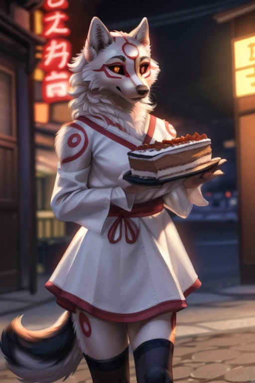 Amaterasu \(Okami\), mulher, sozinha, holding a birthday cake, grande busto, olhos amarelos, Esclera Negra, 4 dedos, uma perna, Unhas, Feet, vestida, usando roupa de gala, Marcas, Pelo branco, Rua, tokyo prefecture, neon
break,
por Lucis, por personalami, por Kenket, (Complicado, alto detalhamento, cinematic movie photograph, Foco suave, RAW candid cinema,
fotorrealismo, Realistic, fotorrealista, analogue style, Subsurface scattering,
masutepiece, best quality, Um hiper-realista, (8k))