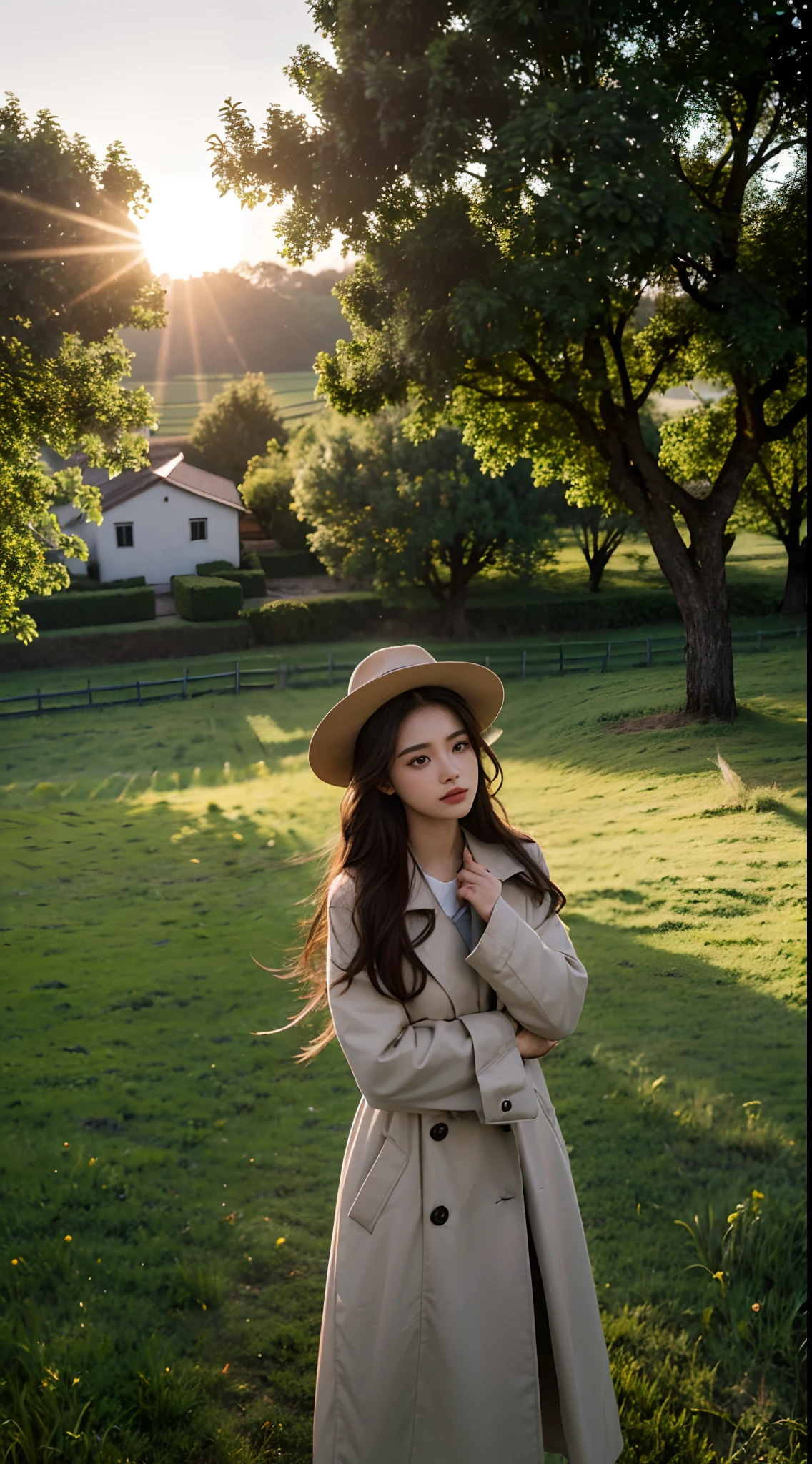 A high resolution, Real portraits of professionals with perfect skin，The breath of life should emphasize her sitting and standing postures，There are several rural houses，Deeply wrapped in the atmosphere of the countryside，the morning sun，favour，Peaceful nature，Field style beauty，In the midst of idyllic nature，Wear a stylish trench coat，boot，Wearing a pink hat，playing in the fields，The breeze blows through the beauty&#39;s long hair，breeze in the breeze，Medium-sized half-body，cabelos preto e longos，panoramicshooting，Look confident and cute, Yearning for freedom and beauty，By the sunshine of the countryside，Cold，Surrounded by the breath of nature， Vibrant, naturally lit highlights. The artwork should emphasize her elegant facial features, Including charming long eyes, Fluttering eyelashes and seductive lips， Scenes should have elements that enhance professionalism and visual appeal，por exemplo, tenchi，The tree，Flock of Birds，Mainframe computers, High-resolution display, Highlight your beauty， The overall tone should be warm、professinal, The sun shines on the whole body of the beauty，soft sun light，Has a soft and natural color palette. Artwork should exude a sense of professionalism, and cultural pride，