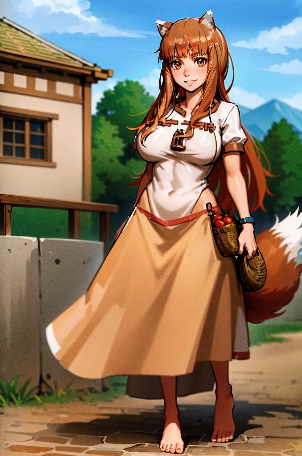 (holo:1.5), (holoBrownDress:1.5), masterpiece, best quality, absurdres, 1girl, looking at viewer, standing, cowboy shot, outdoors, medieval, cobblestone street, town, pouch, sash, smile, fruit, apple, basket,huge breast, curvy, silver hair, white hair, full body, flipflops,