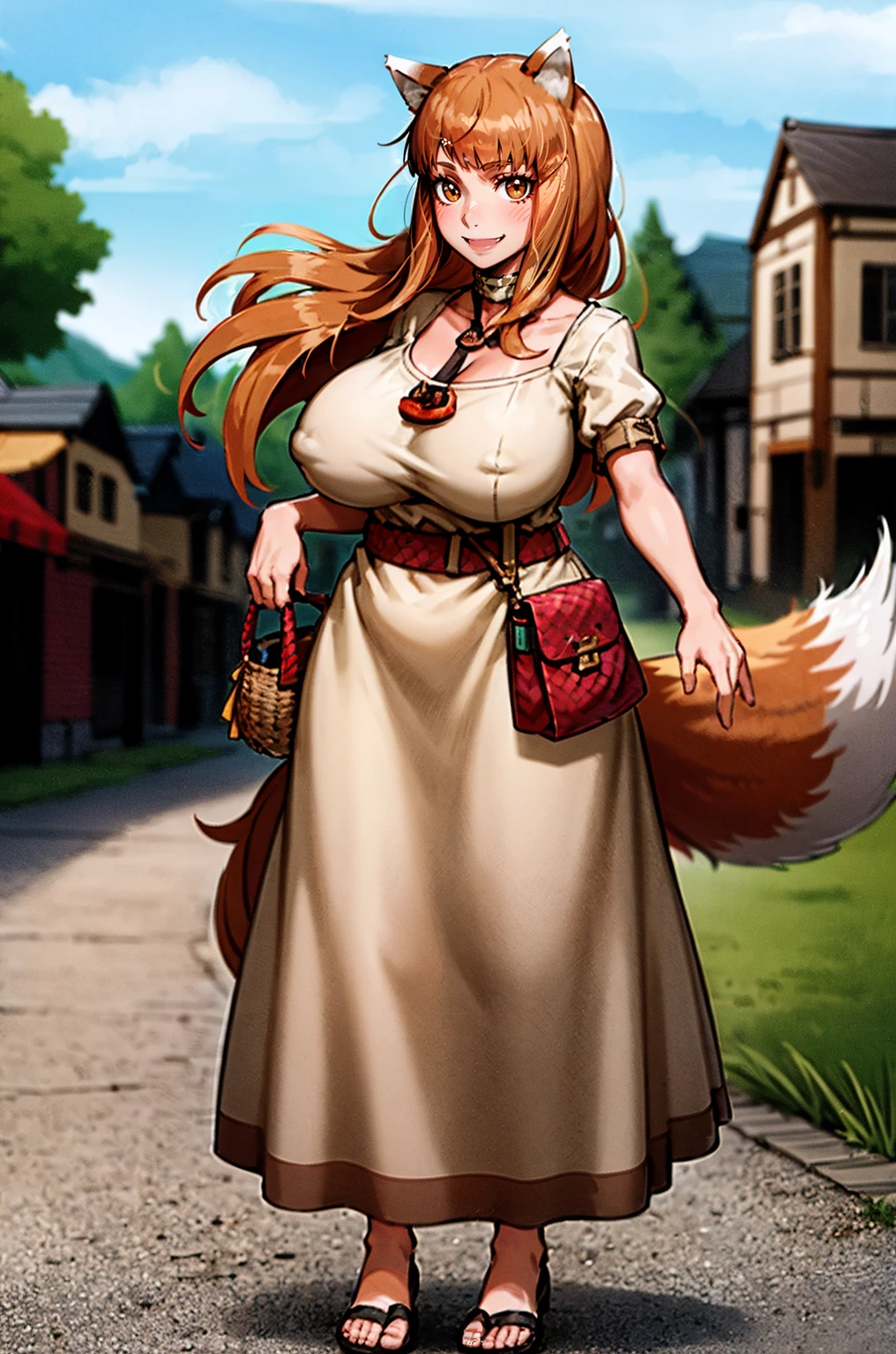 (holo:1.5), (holoBrownDress:1.5), masterpiece, best quality, absurdres, 1girl, looking at viewer, standing, cowboy shot, outdoors, medieval, cobblestone street, town, pouch, sash, smile, fruit, apple, basket,huge breast, curvy, silver hair, white hair, full body, flipflops,