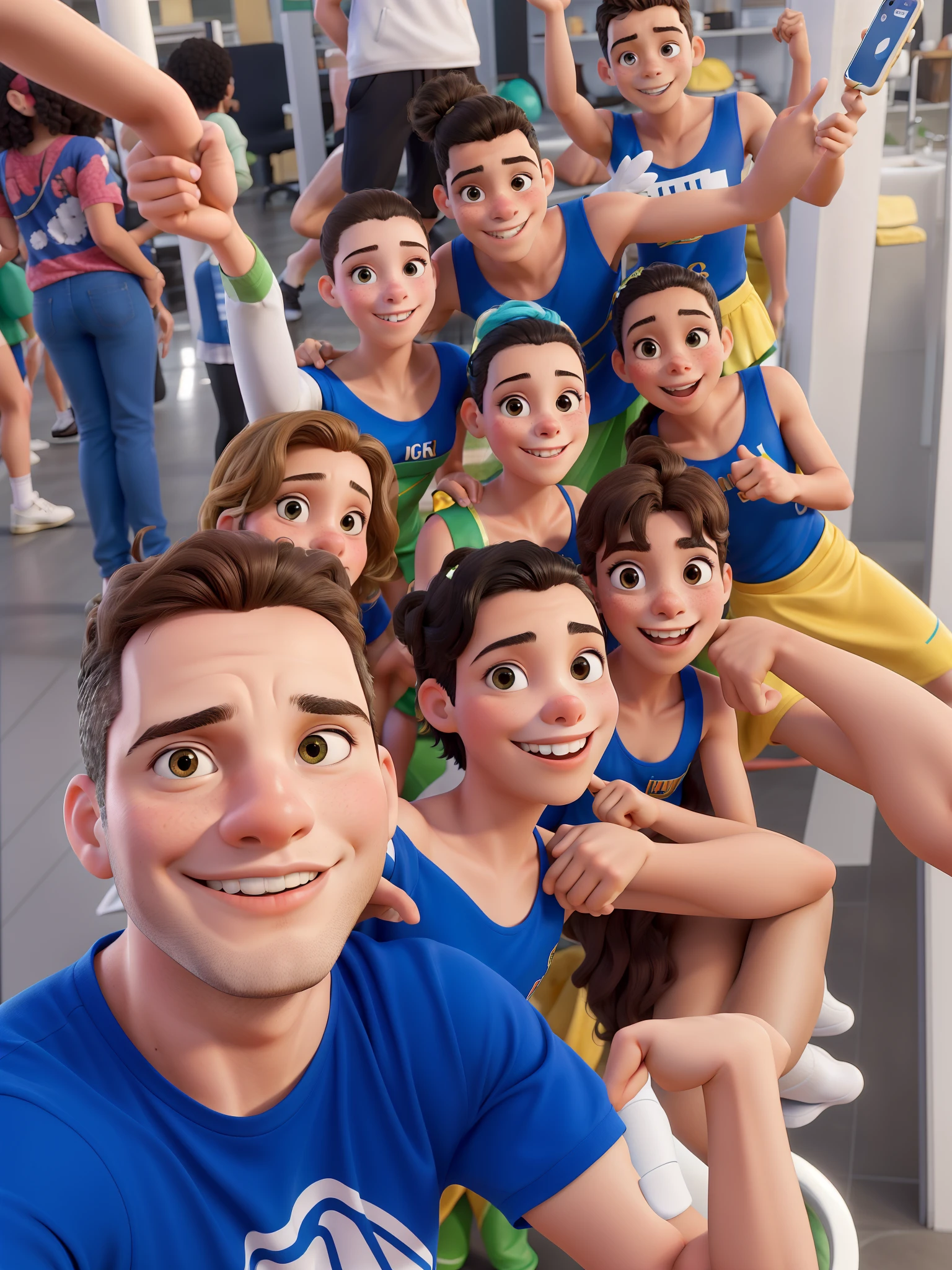 Marcio and the Rhythmic gymnastics girls faithful representation of the selfie photo.