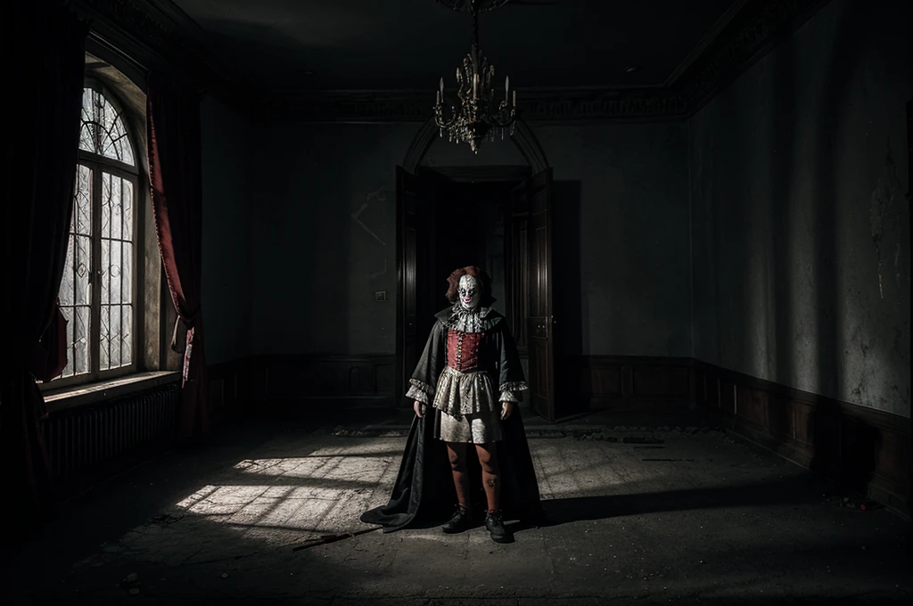 killer clown, dark fantasy, castle interior, ominous feel