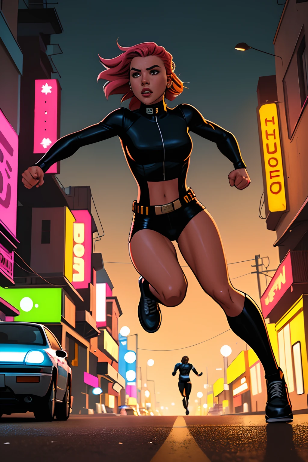 Imagen de cerca de 1girl con cabello largo y rosado, con vestido blanco entallado con capucha, (RUNNING TOWARDS CAMERA), (La mujer parece asustada), asustado, Corriendo por su vida, down a dirty city alley, ciudad futurista en (Noche:1.4), Blue and yellow neon signs, cartel enorme donde dice PELIGRO, Chase scene, action scene, Contornos gruesos, comic book style, dynamic camera angle, Piel realista, manos realistas, Manos perfectas, Lines of action, fondo de desenfoque de movimiento